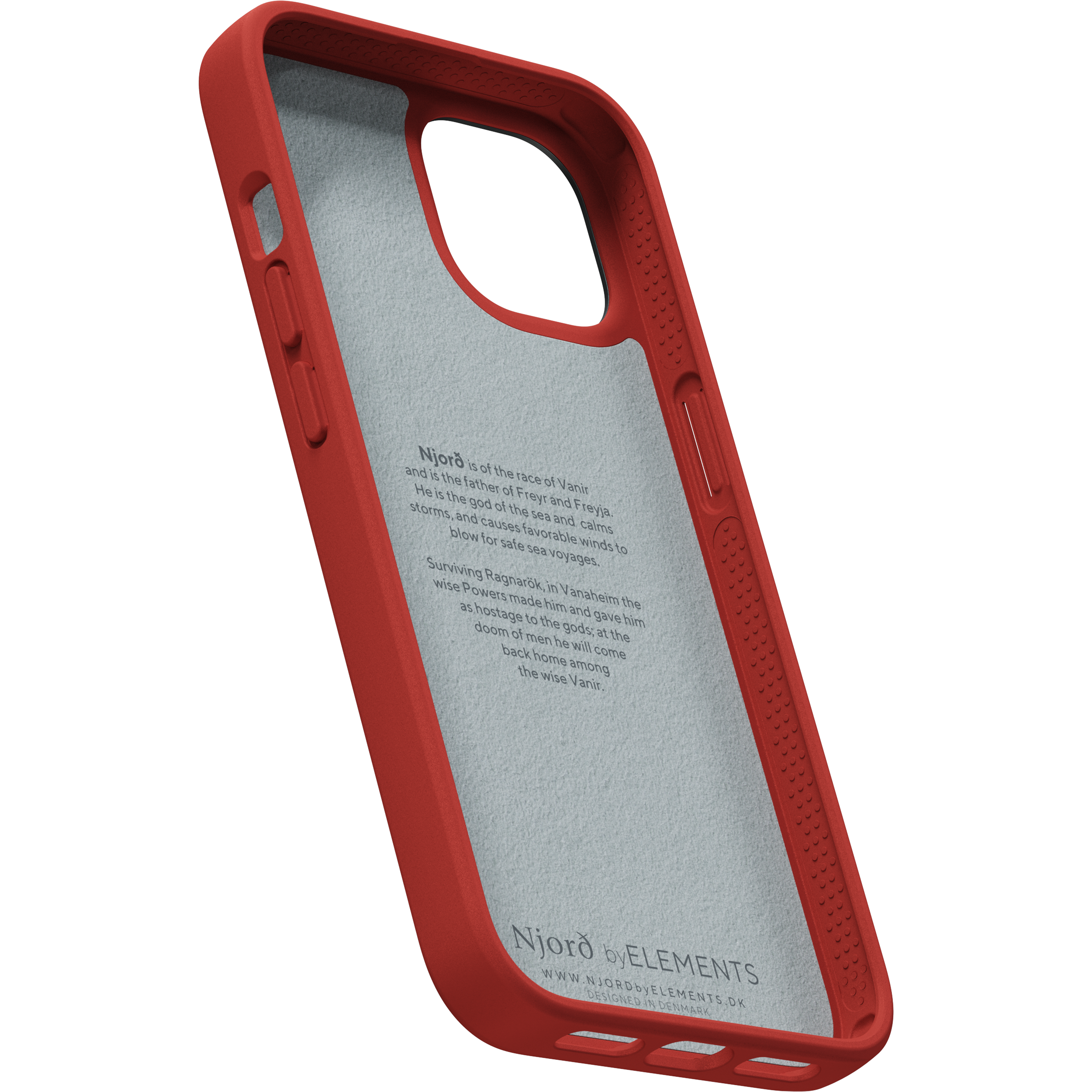 Interno di custodia per telefono rosso con testo sul dio norreno Njord su sfondo grigio.