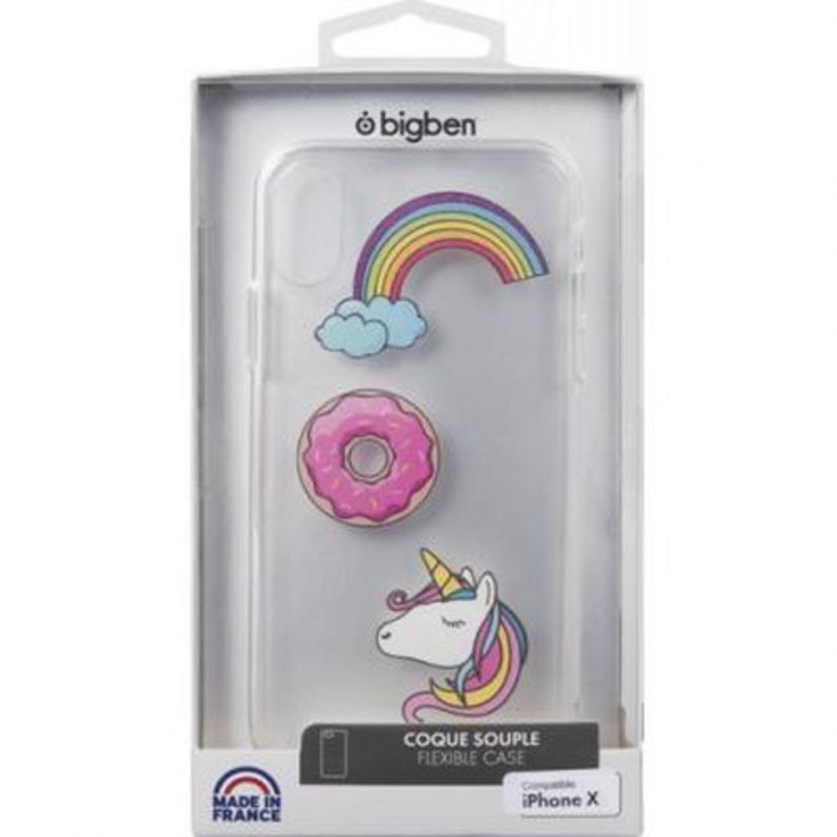 Una custodia per telefono nella confezione con un design arcobaleno, unicorno e ciambella.