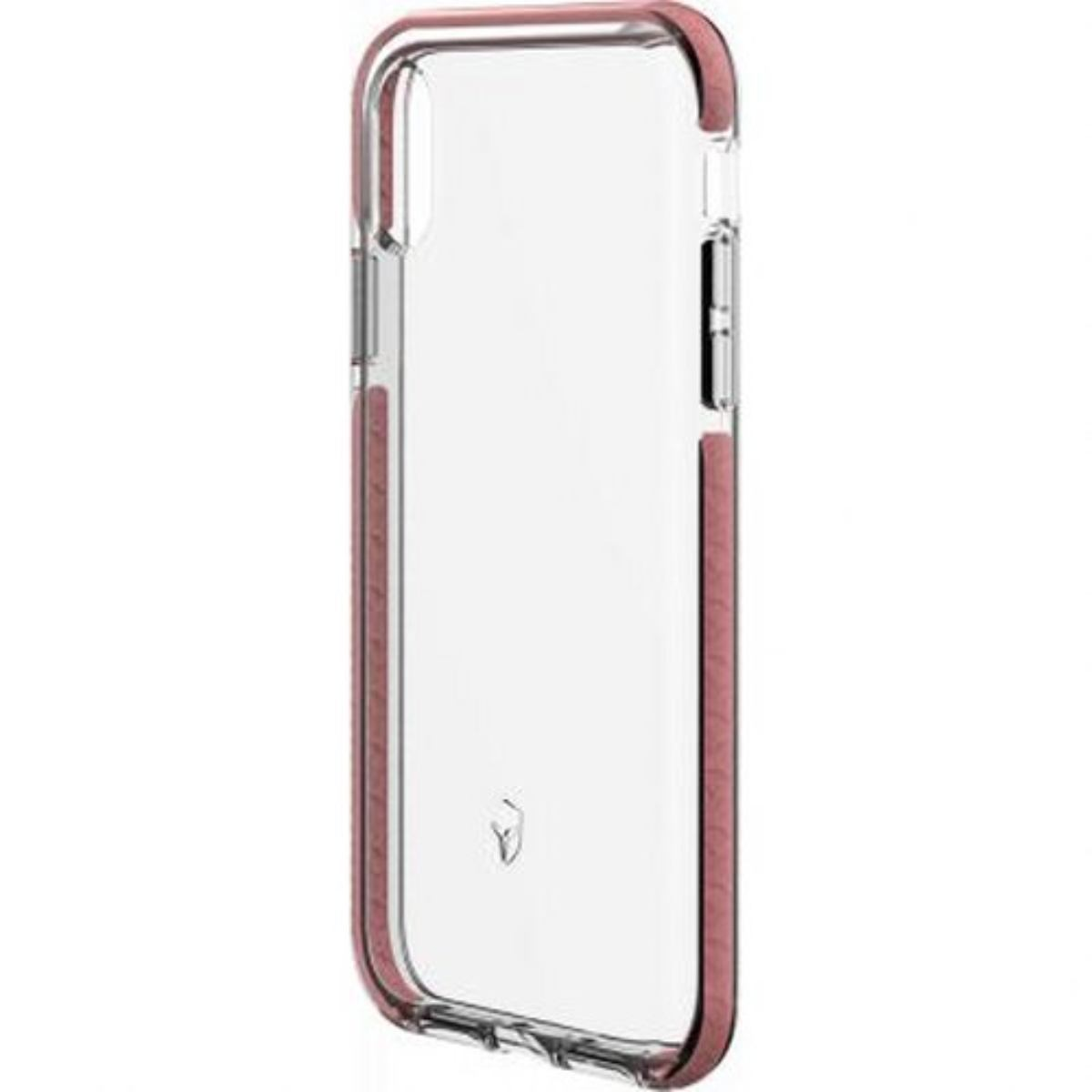 Una custodia trasparente per telefono con bordo rosa, che mostra il contorno di un telefono.