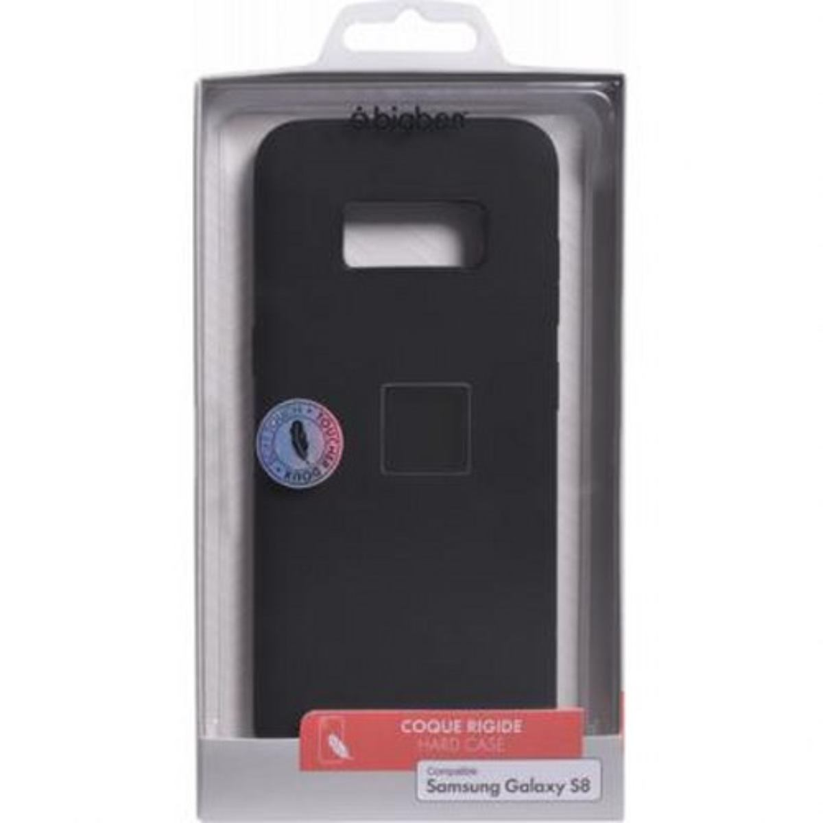Custodia per telefono nera in una scatola di plastica trasparente, con un adesivo e testo.