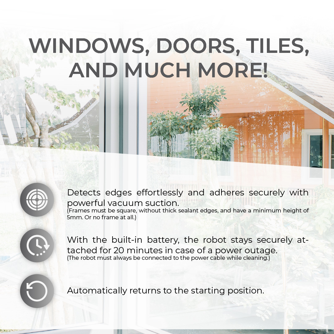 Image showing a robot cleaner with text describing features: windows, doors, tiles, and more.