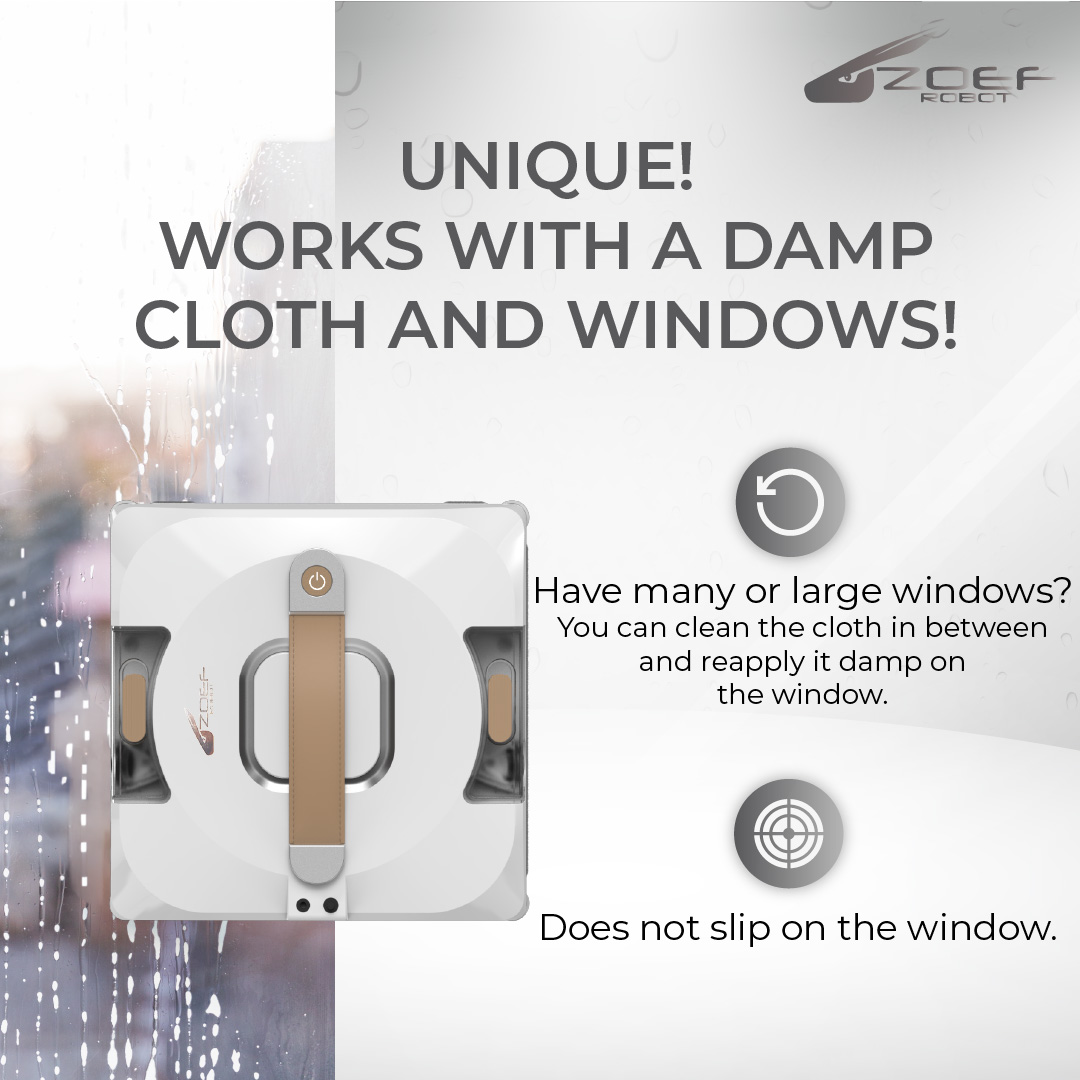 Robot window cleaner with text and icons. White background.