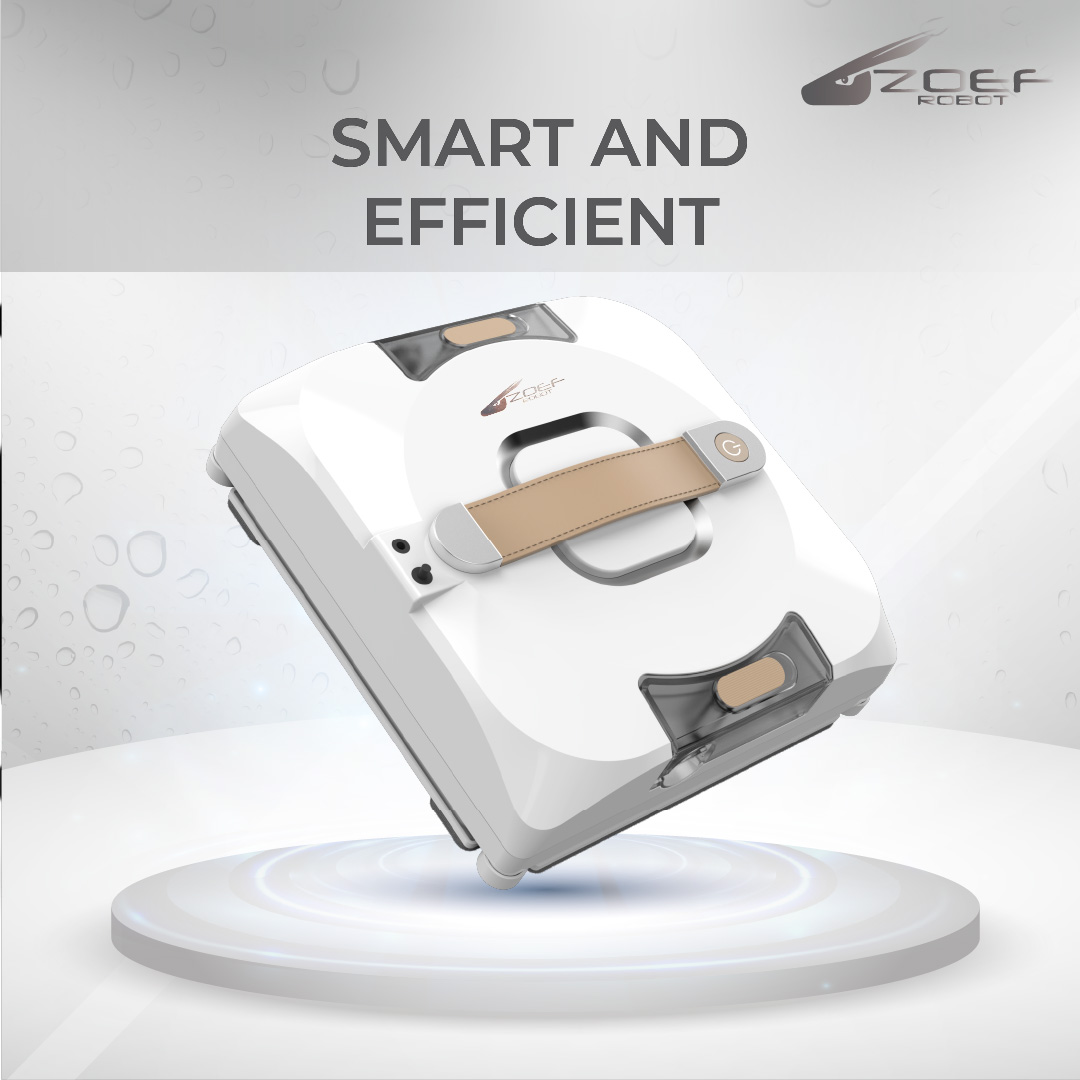 White robot vacuum cleaner on a platform with text: Smart and Efficient.