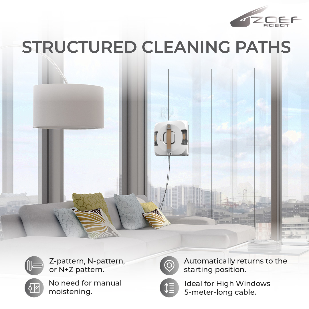 Window cleaning robot on a window. Structured cleaning paths and automatic return to the starting point.