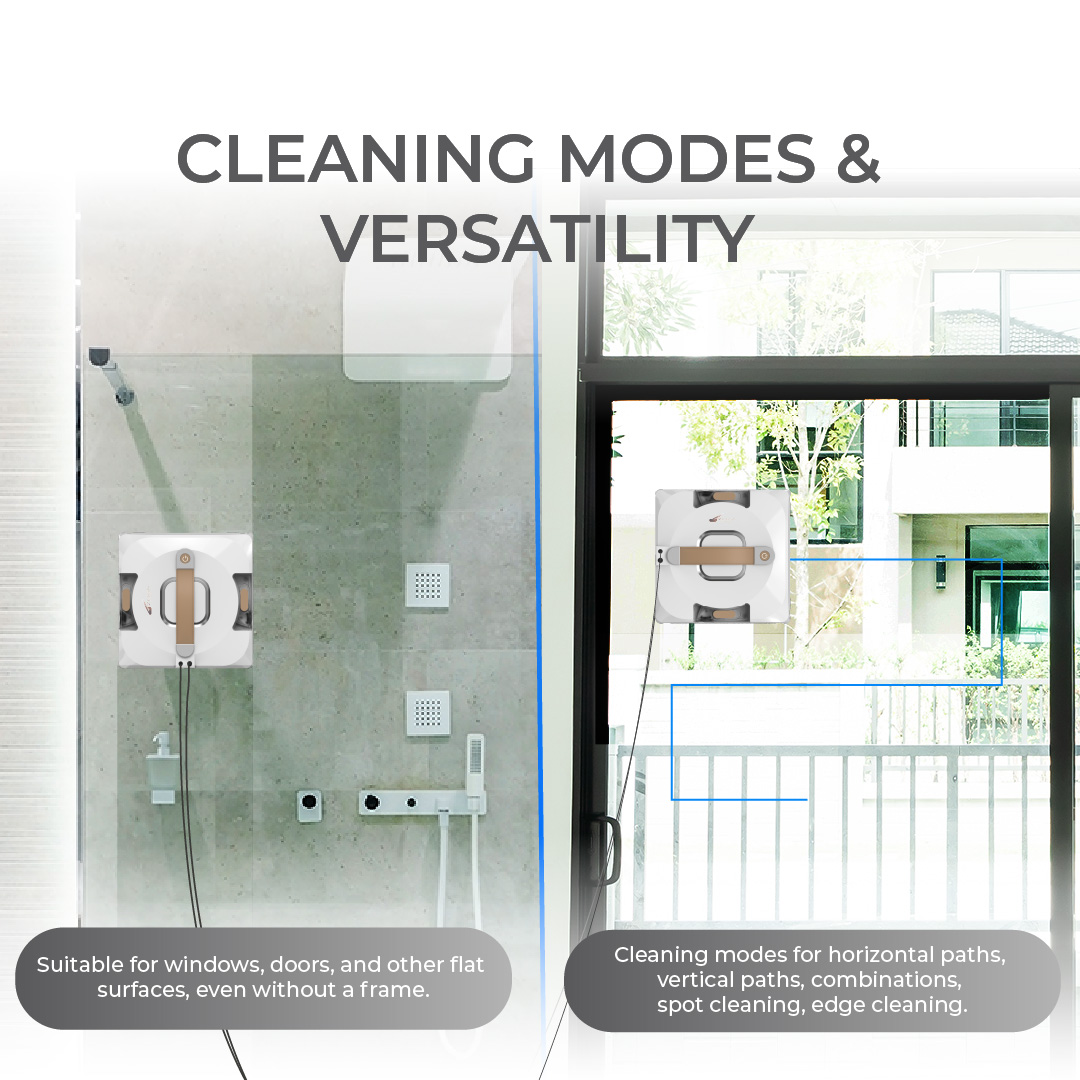 Window cleaning robot on glass. Versatile cleaning modes and suitable for different surfaces.