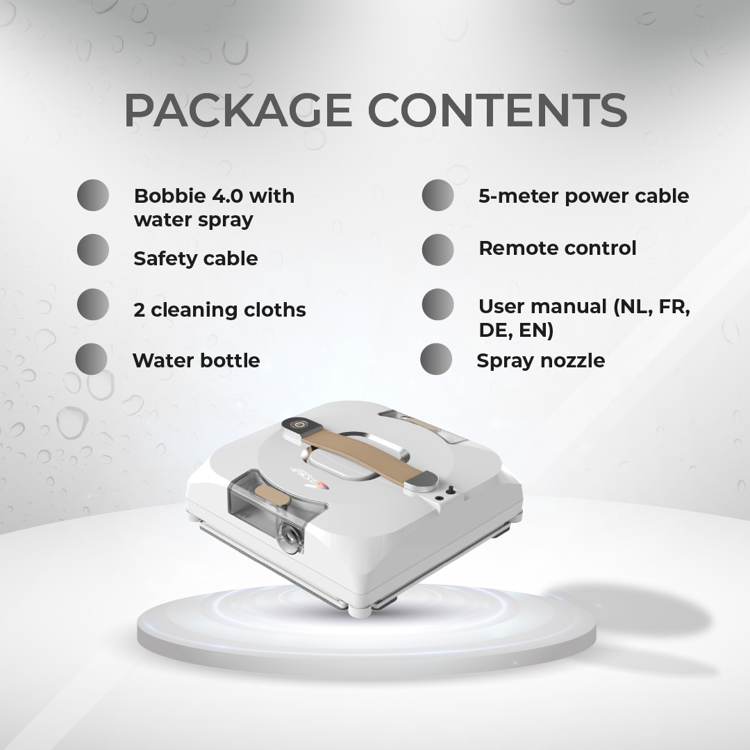 Package contents: robot cleaner, cable, cloths, remote. White background.