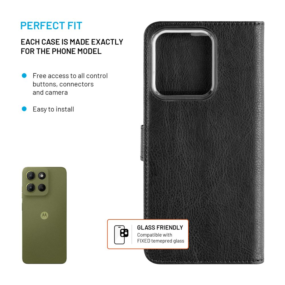 Schwarze Handyhülle mit Telefon daneben und Text: Perfekte Passform und Glasfreundlich.