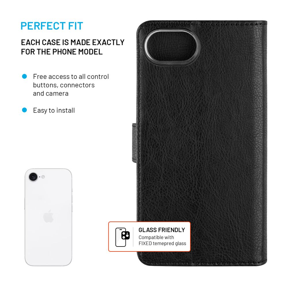 Eine schwarze Handyhülle und ein weißes Telefon. Die Hülle hat eine Lederstruktur.