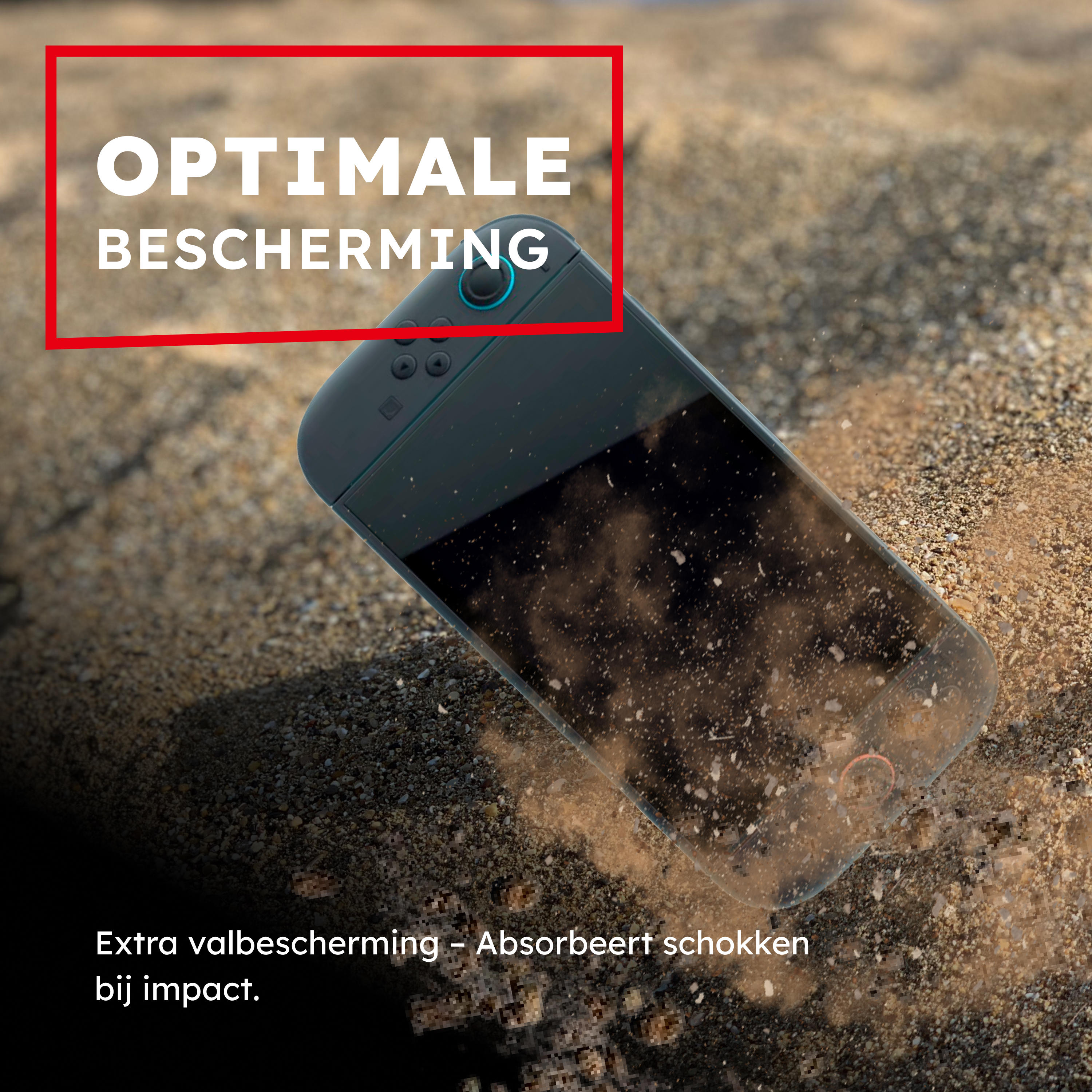 Een console ligt op zand. De tekst luidt Optimale Bescherming. Extra impactbescherming, absorbeert schokken.