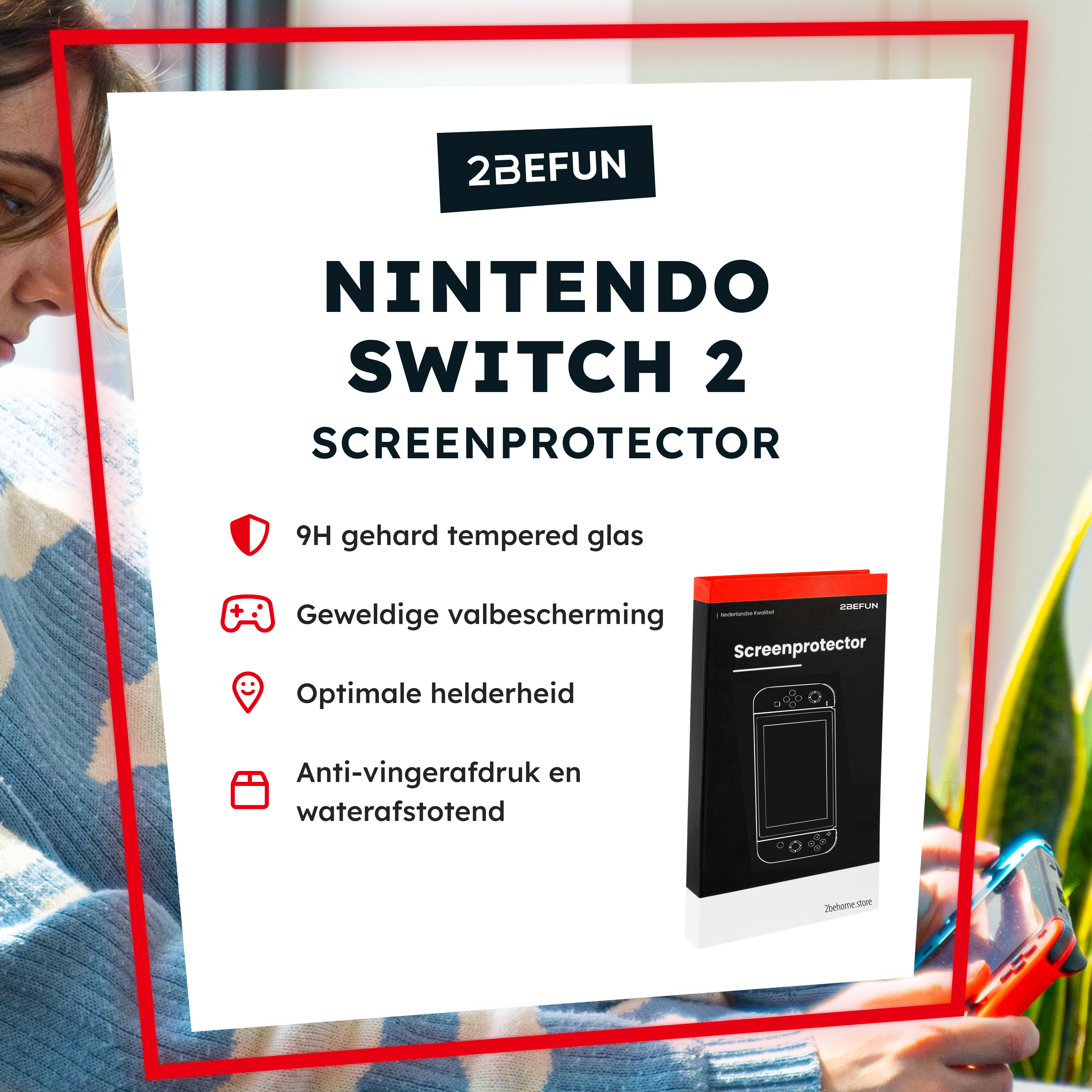 Vrouw die een Nintendo Switch vasthoudt, met een schermbeschermerdoos en tekst.