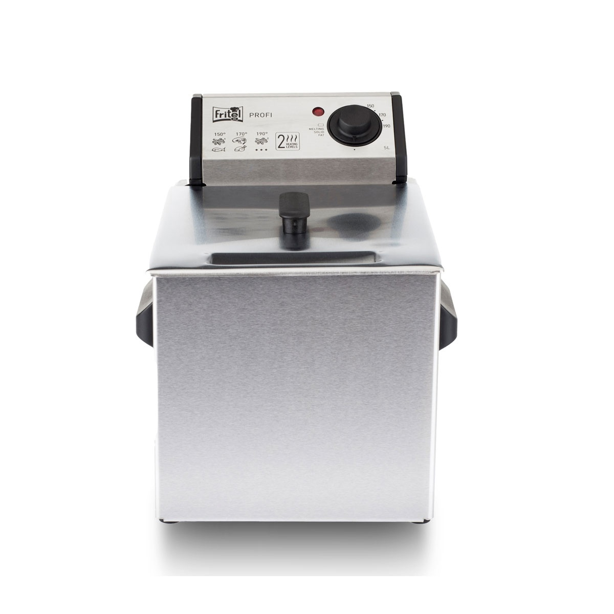 Friggitrice, vista frontale. Corpo in acciaio inox, manico nero, sfondo bianco.