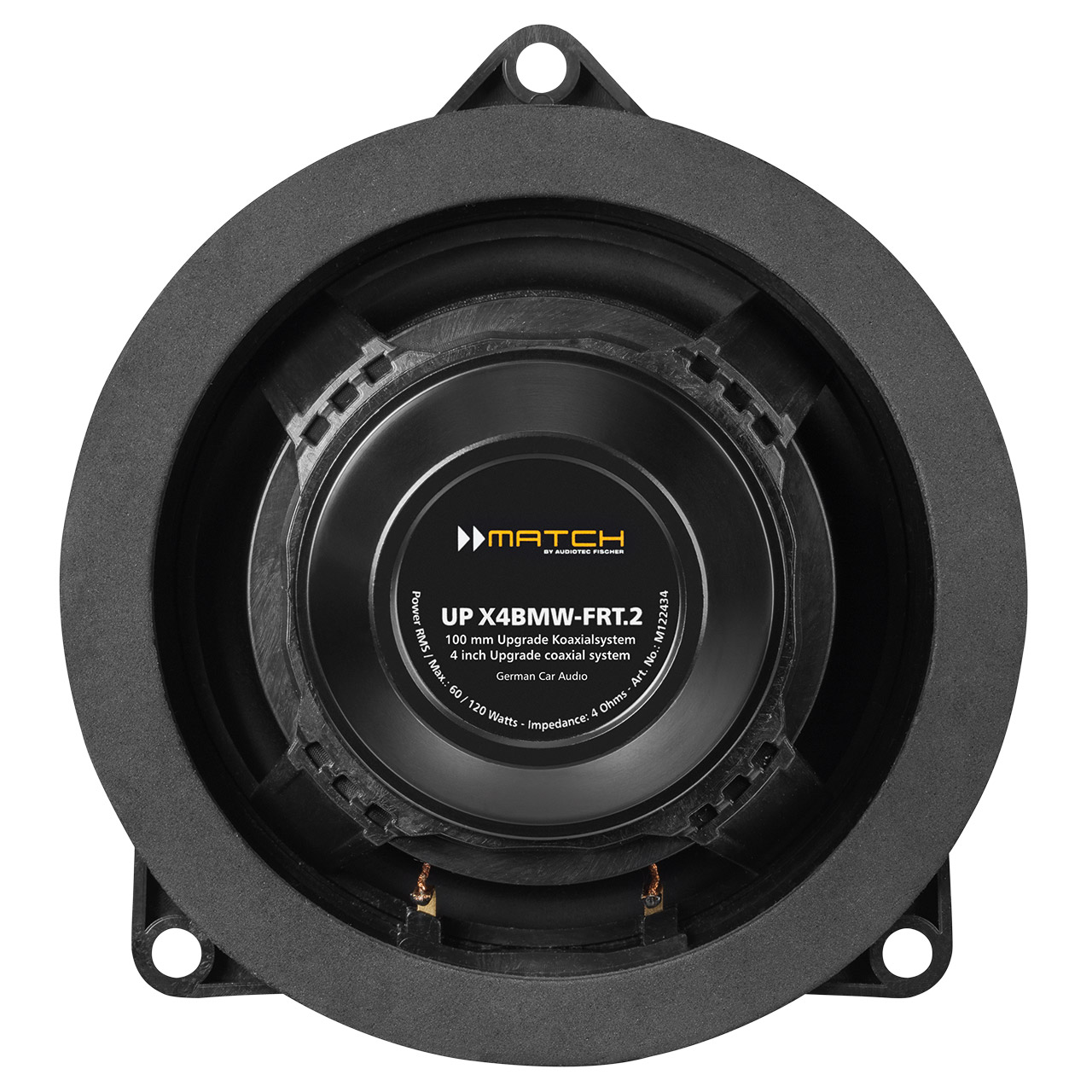 Ein Autolautsprecher in einem schwarzen Rahmen. Text auf dem Lautsprecher: UP X4BMW-FRT.2 100W Upgrade Koaxialsystem.