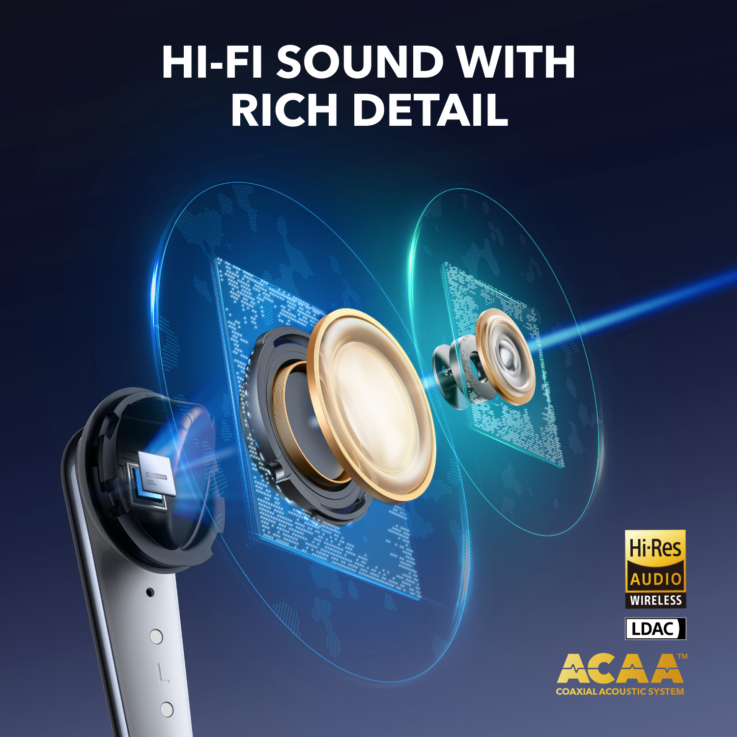 Zbliżenie słuchawki z widocznymi elementami wewnętrznymi. Tekst: Dźwięk Hi-Fi z bogatymi szczegółami.