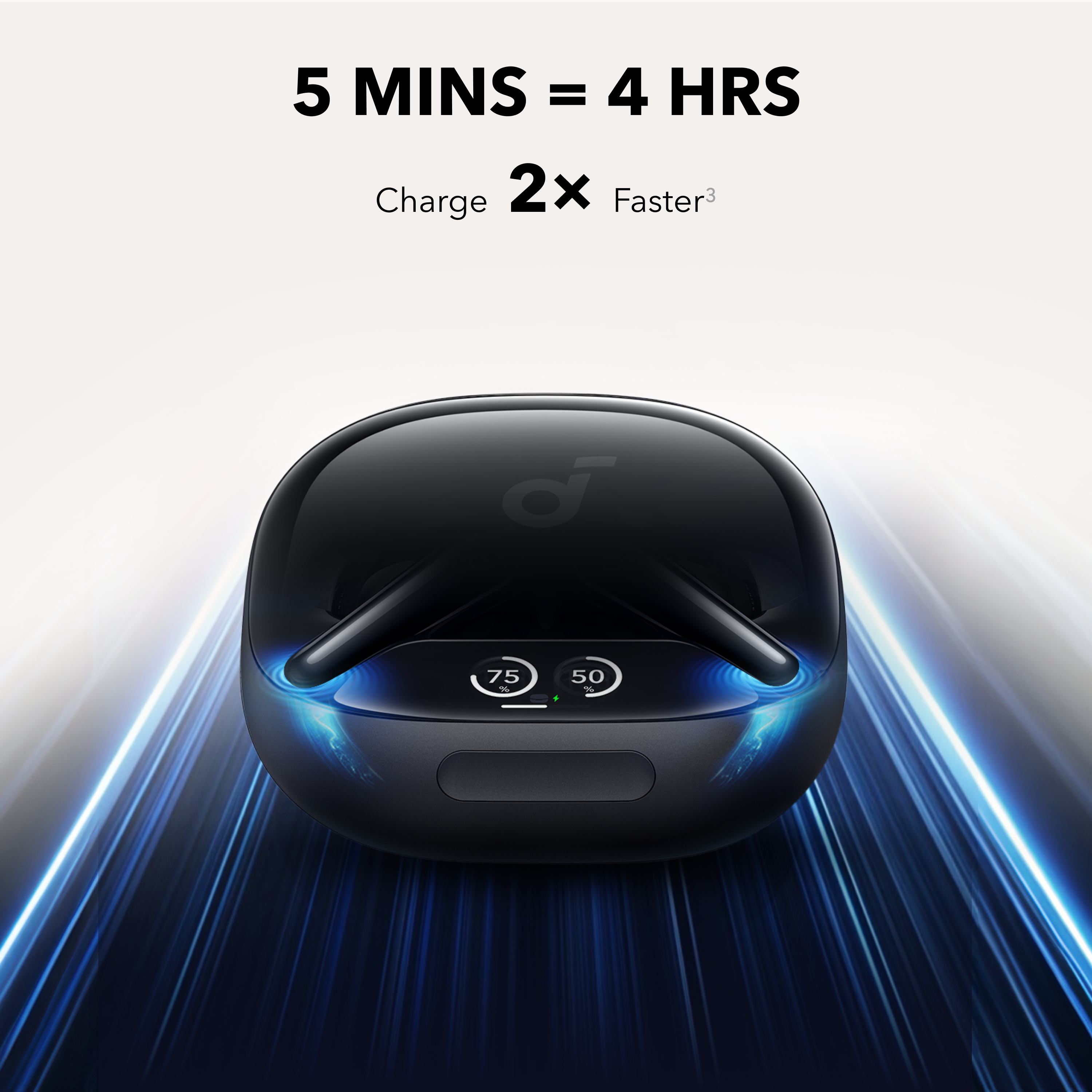 Etui ładujące słuchawki z podświetleniem. Tekst: 5 min = 4 godz., Ładuj 2x szybciej.