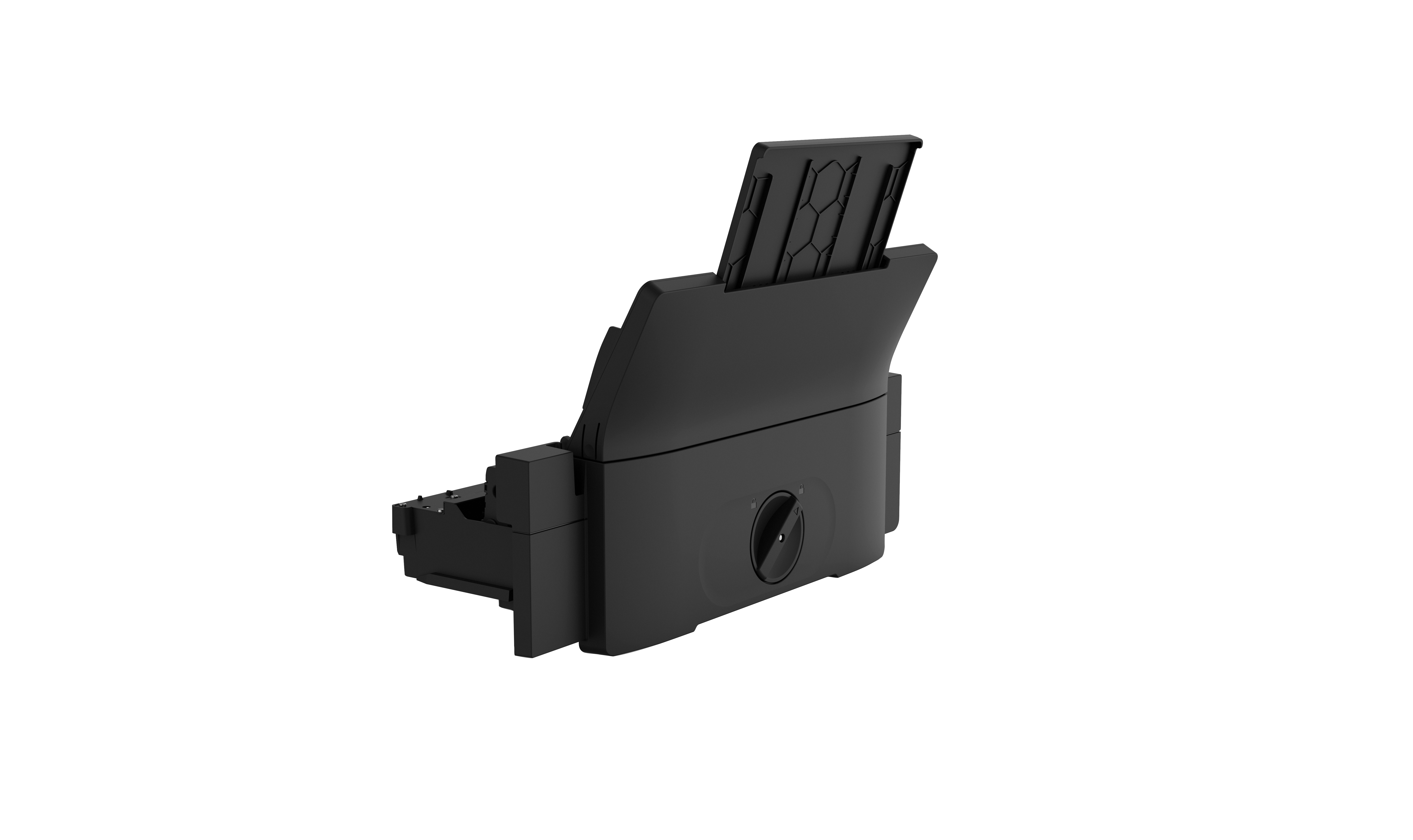 Czarne akcesorium do drukarki, z kołem i gniazdem, na białym tle.