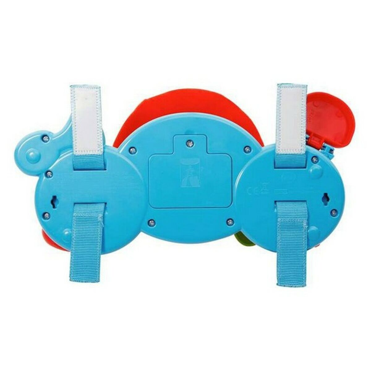 Un juguete azul para bebé con partes rojas y verdes. Tiene correas para sujetar y está diseñado para el entretenimiento del bebé.