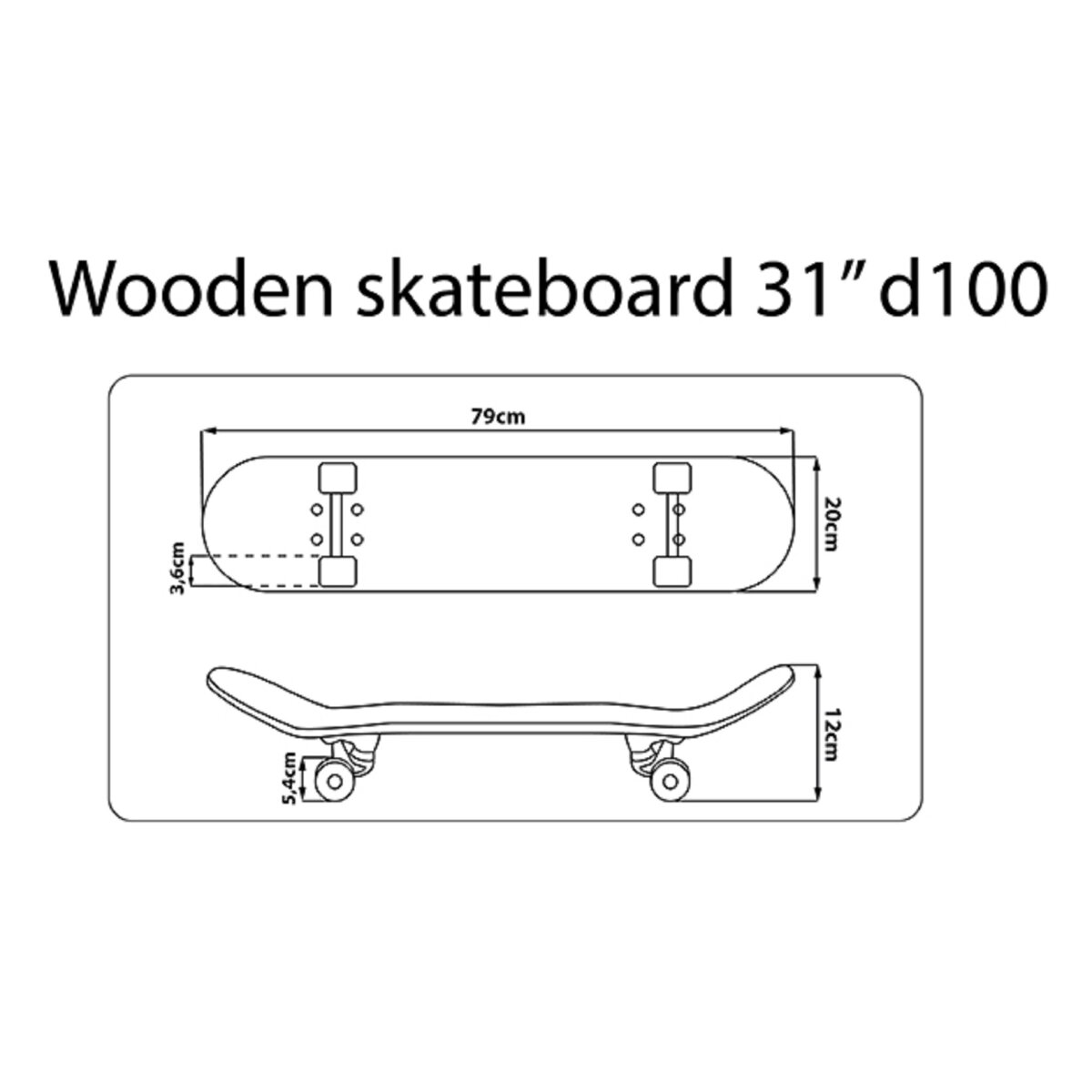 Diagramm eines Holz-Skateboards mit Abmessungen in cm. Die Ansichten von oben und der Seite werden mit Messungen gezeigt.