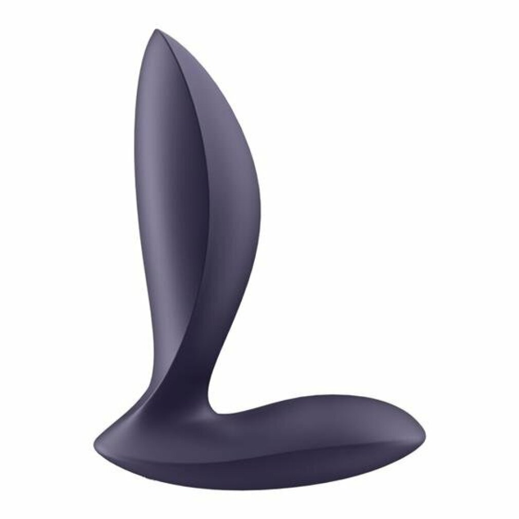 Un juguete sexual morado con forma curva. Está diseñado para uso íntimo y tiene una superficie lisa.