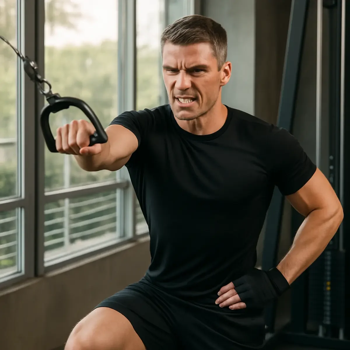 A man is working out in a gym, pulling a cable with a determined expression and clenched fist.