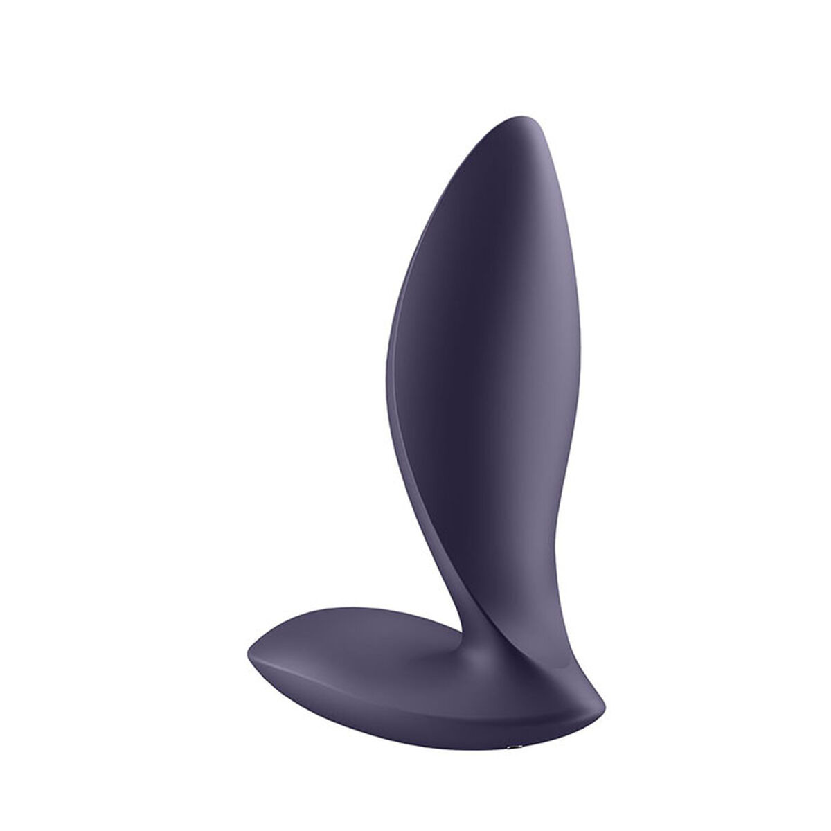 Tapón anal morado sobre fondo blanco. Tiene una base curva y una parte superior redondeada.