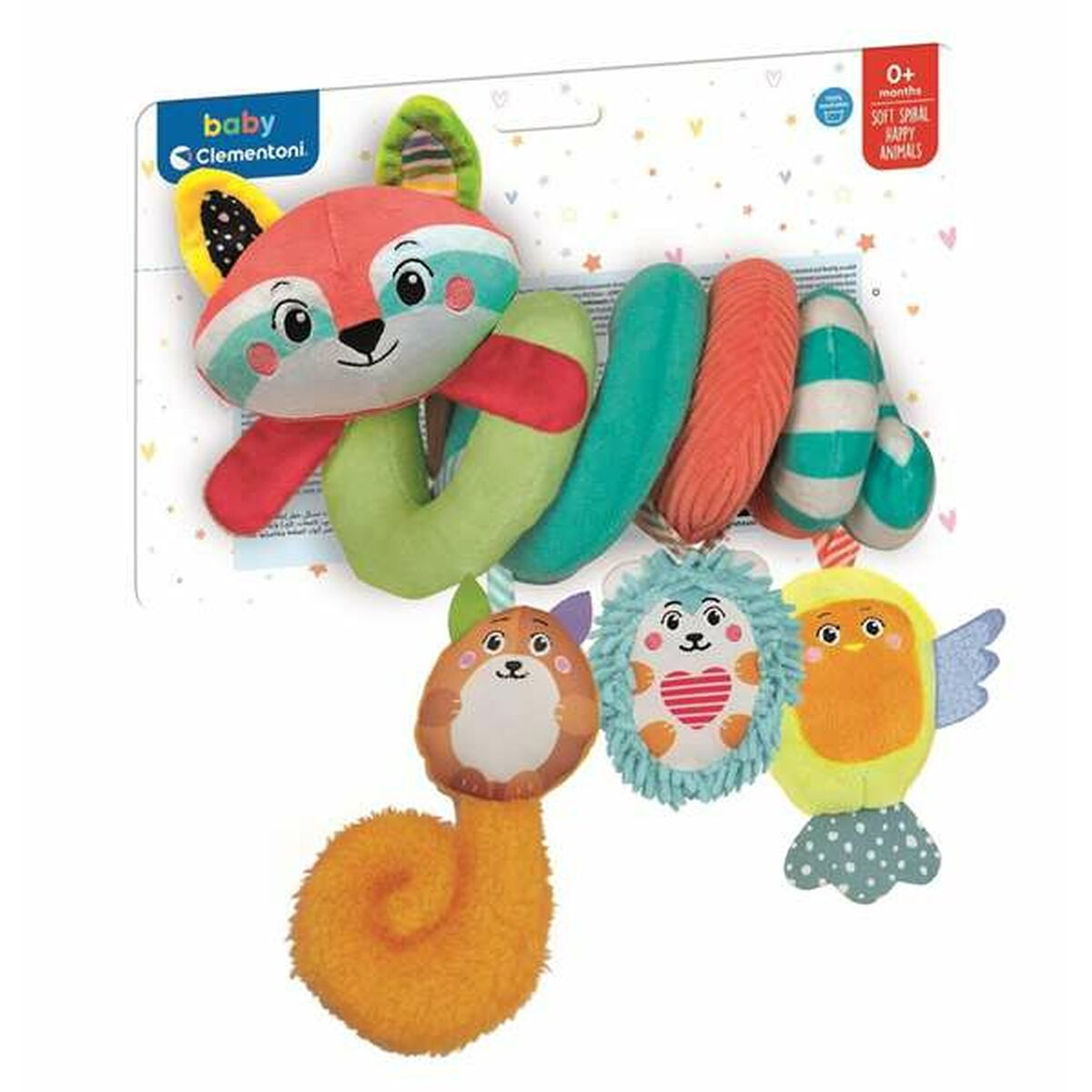 Un giocattolo per bambini colorato con una volpe, una spirale e altri giocattoli appesi. È su sfondo bianco.