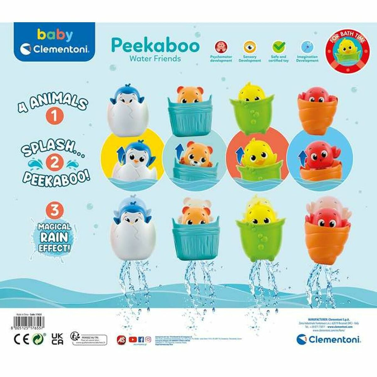 Una imagen promocional de juguetes de baño. Hay cuatro juguetes de animales dentro de tazas con chorros de agua saliendo.