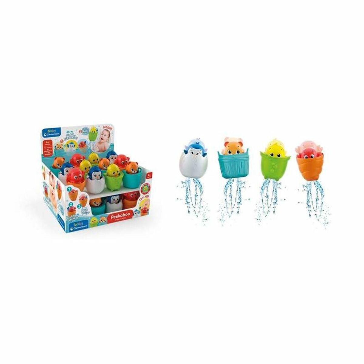 Varios juguetes de baño en una caja expositora. Se muestran cuatro juguetes: un pingüino, un oso, un pollito y un cangrejo, todos en tazas.