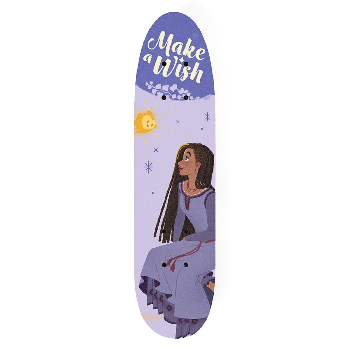 Ein Skateboard mit einem Mädchen aus dem Film "Wish". Das Board hat eine lila Basis mit Sternen und einer Sonne.