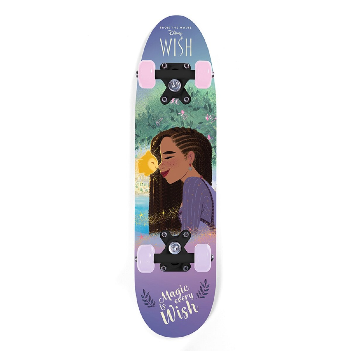 Ein Skateboard mit einem Mädchen aus dem Film "Wish". Das Board hat eine lila Basis mit Sternen und Bäumen.
