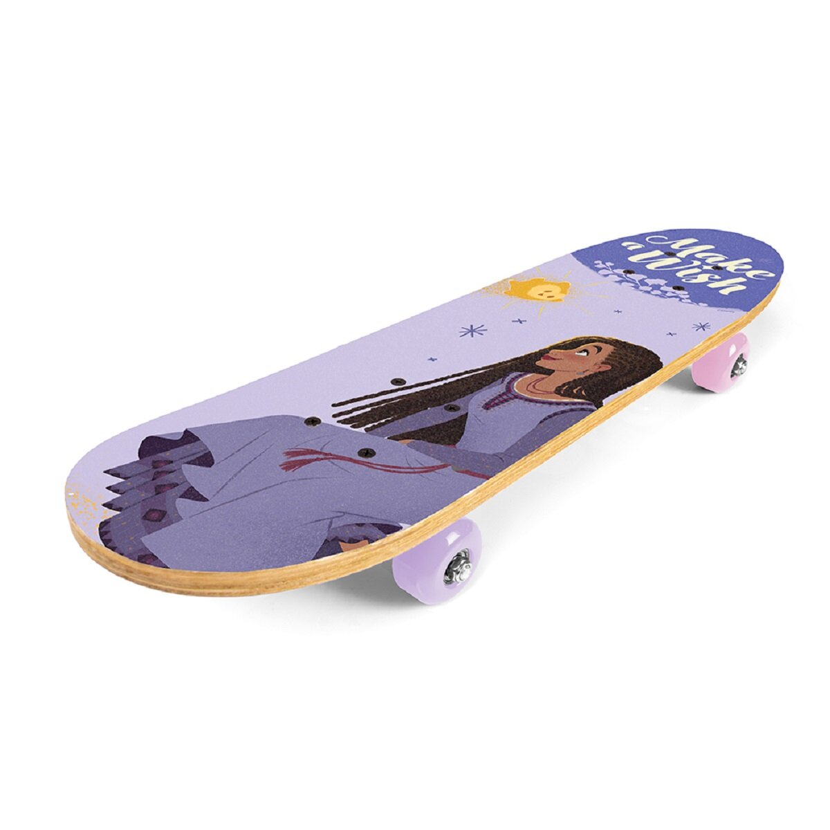 Ein Skateboard mit der Figur aus dem Film "Wish". Das Board hat eine lila Basis mit Sonne und Sternen.