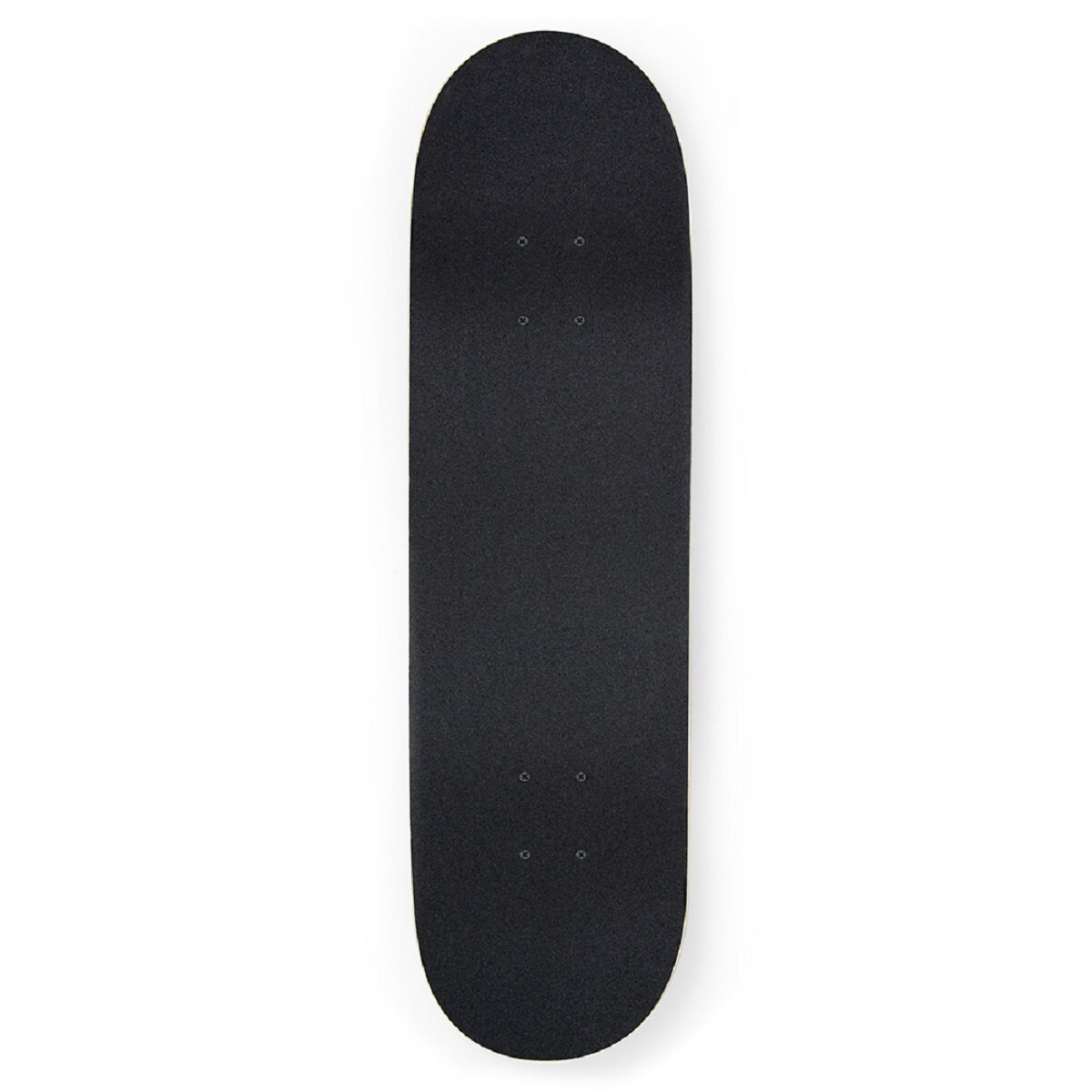 Ein schwarzes Skateboard auf weißem Hintergrund, von oben betrachtet, zeigt die Oberseite.