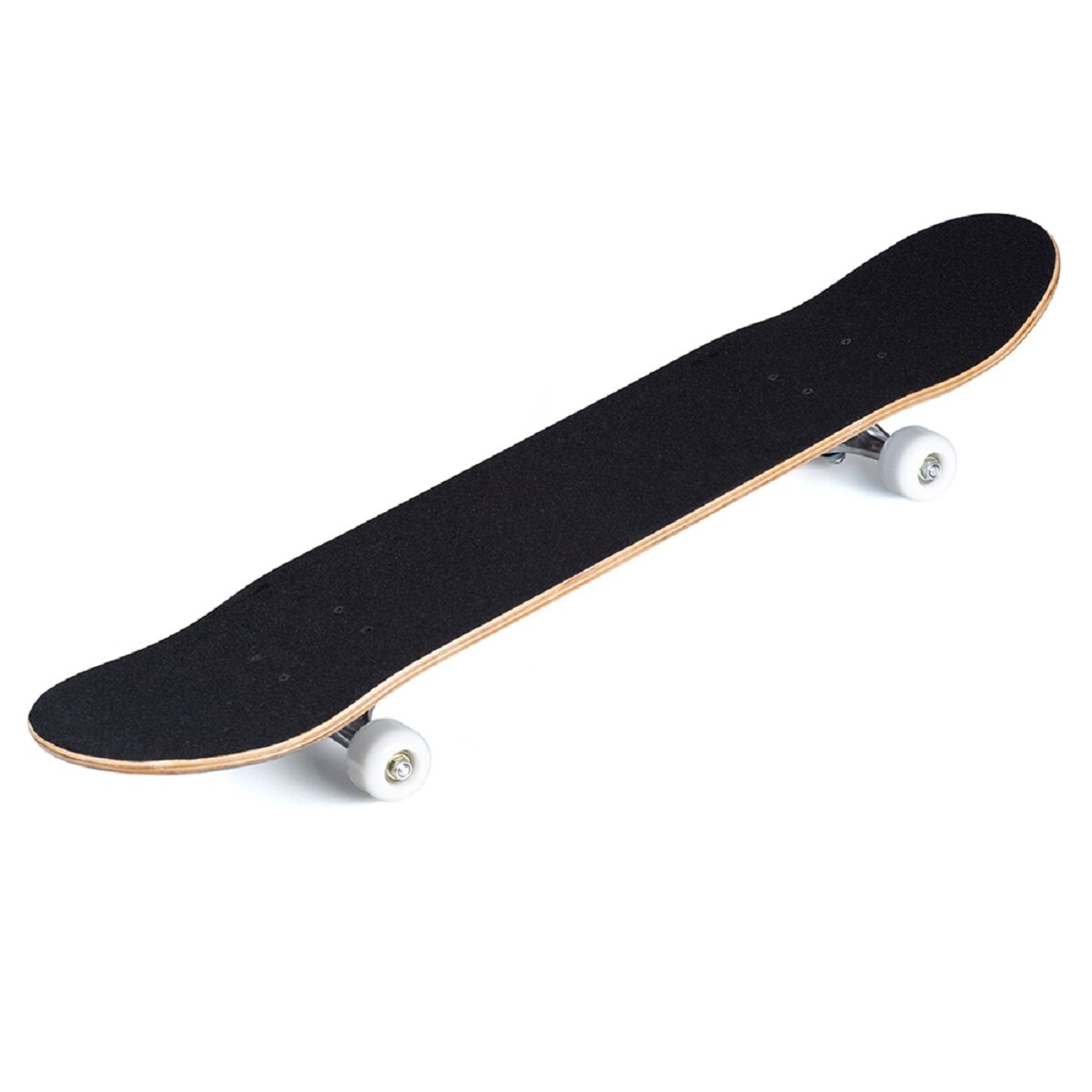 Ein Skateboard auf weißem Grund. Die Oberseite ist schwarz, die Unterseite ist Holz, und es hat weiße Räder.