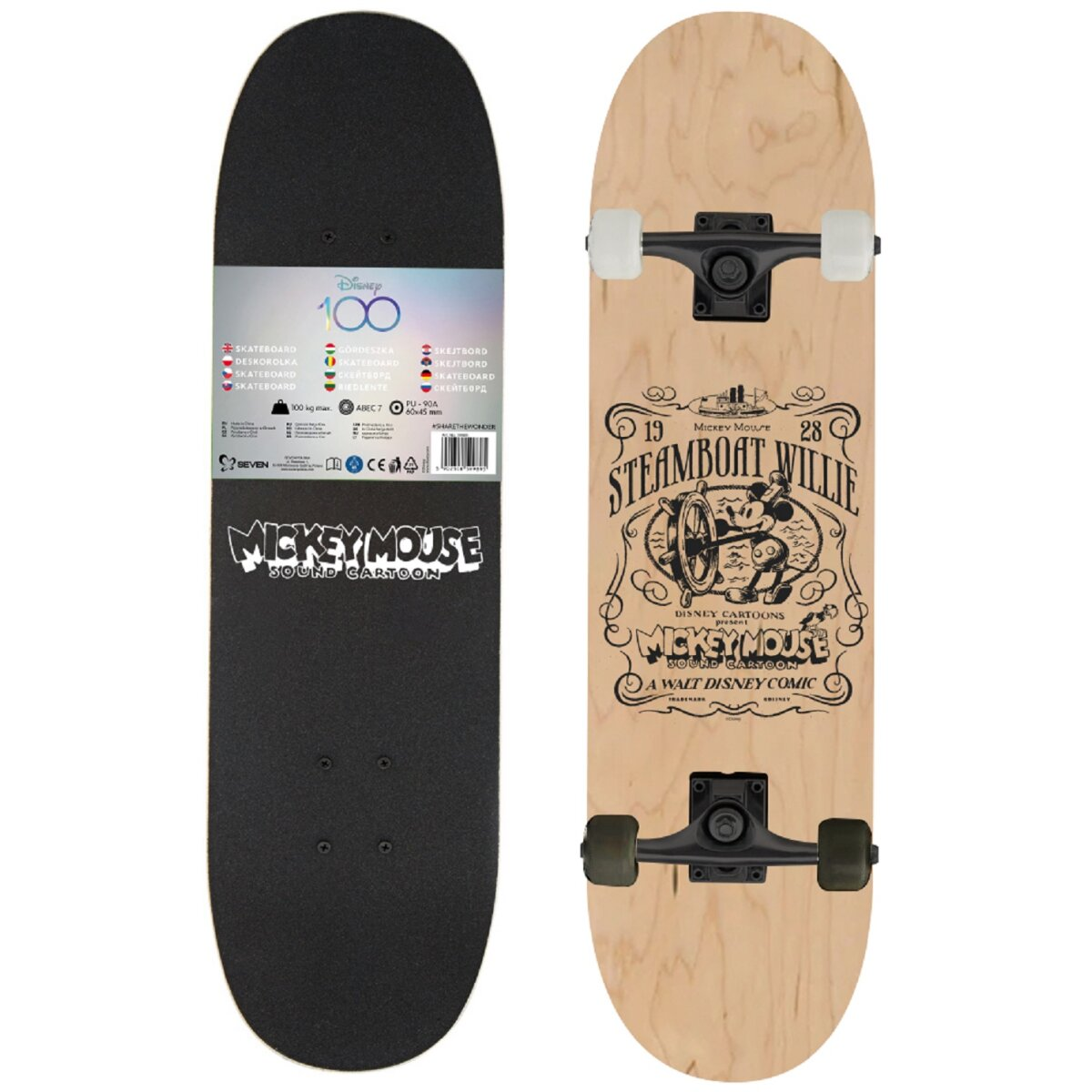 Skateboard mit schwarzer Oberseite und einer Steamboat Willie-Grafik auf der Unterseite.