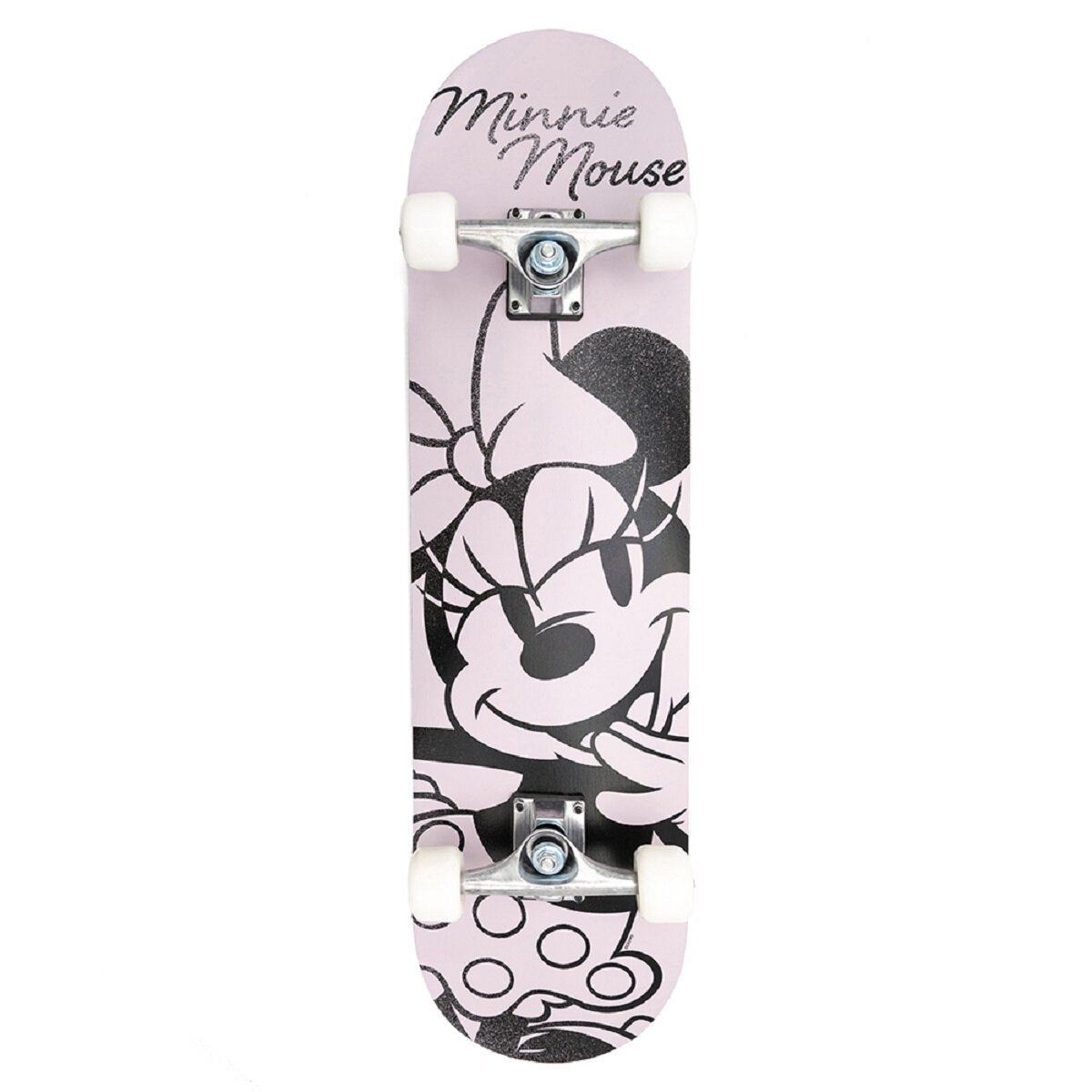 Rosa Minnie Mouse Skateboard mit Minnie Mouse Grafik.