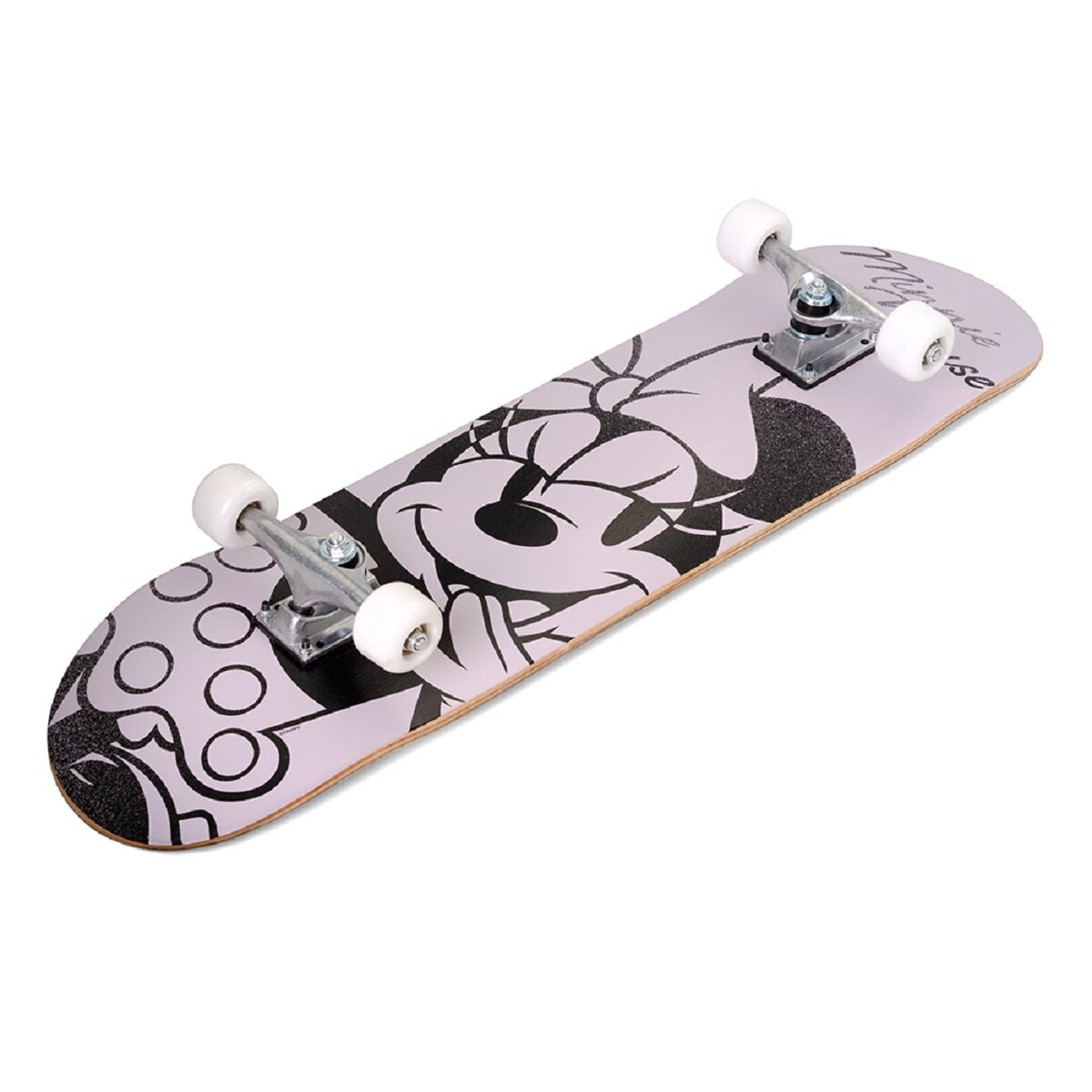 Minnie Mouse Skateboard. Hellrosa Board mit einem schwarzen Minnie Mouse Bild und weißen Rädern und Trucks.