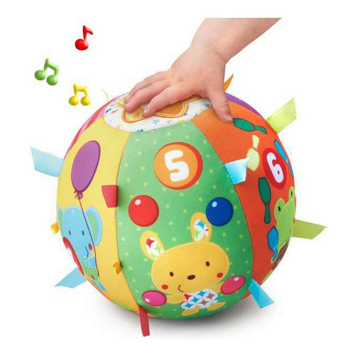 Una pelota colorida con números e imágenes de animales. Una mano toca la pelota. Notas musicales arriba.