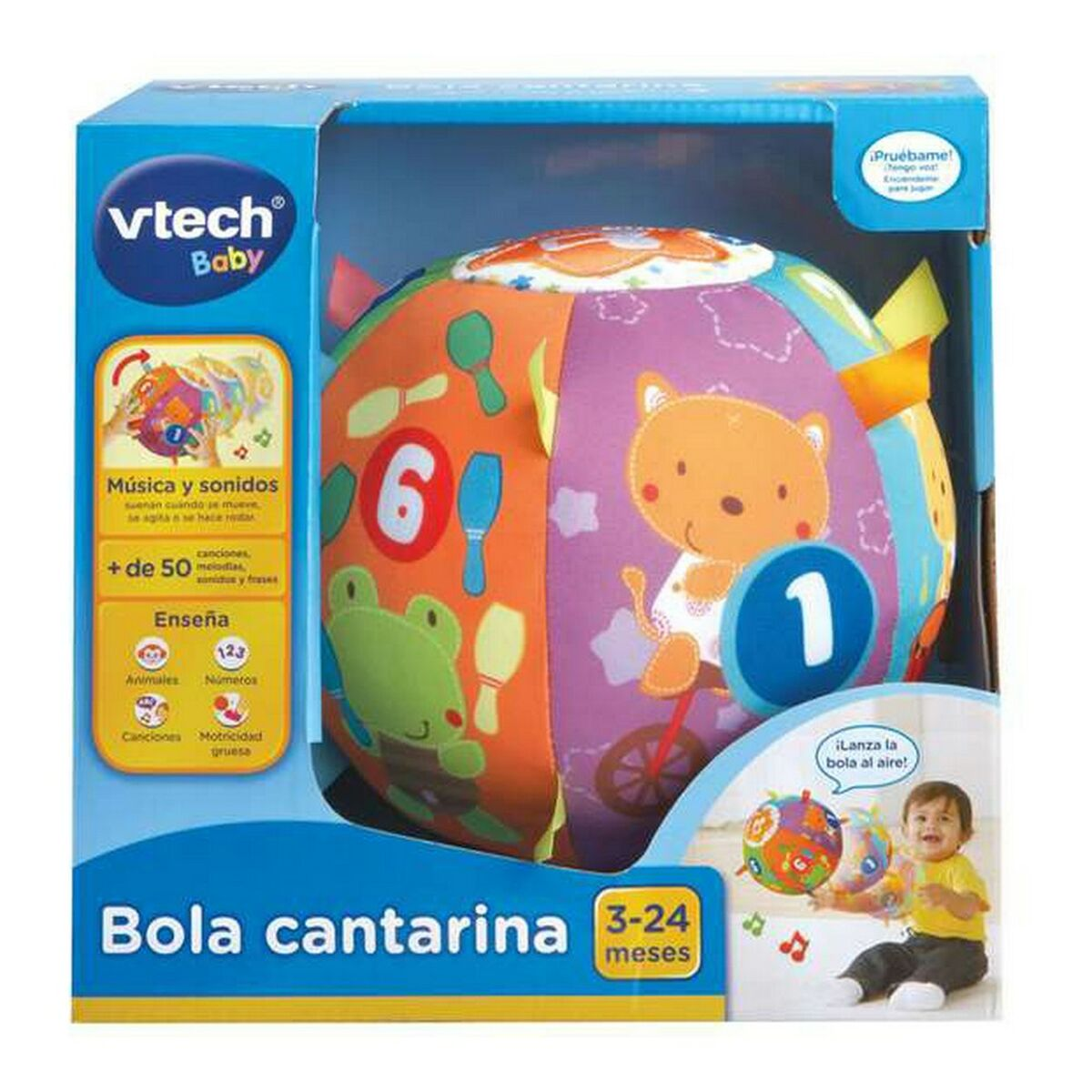 Caja de un juguete de pelota que canta. La caja muestra la pelota, que tiene números e imágenes de animales.