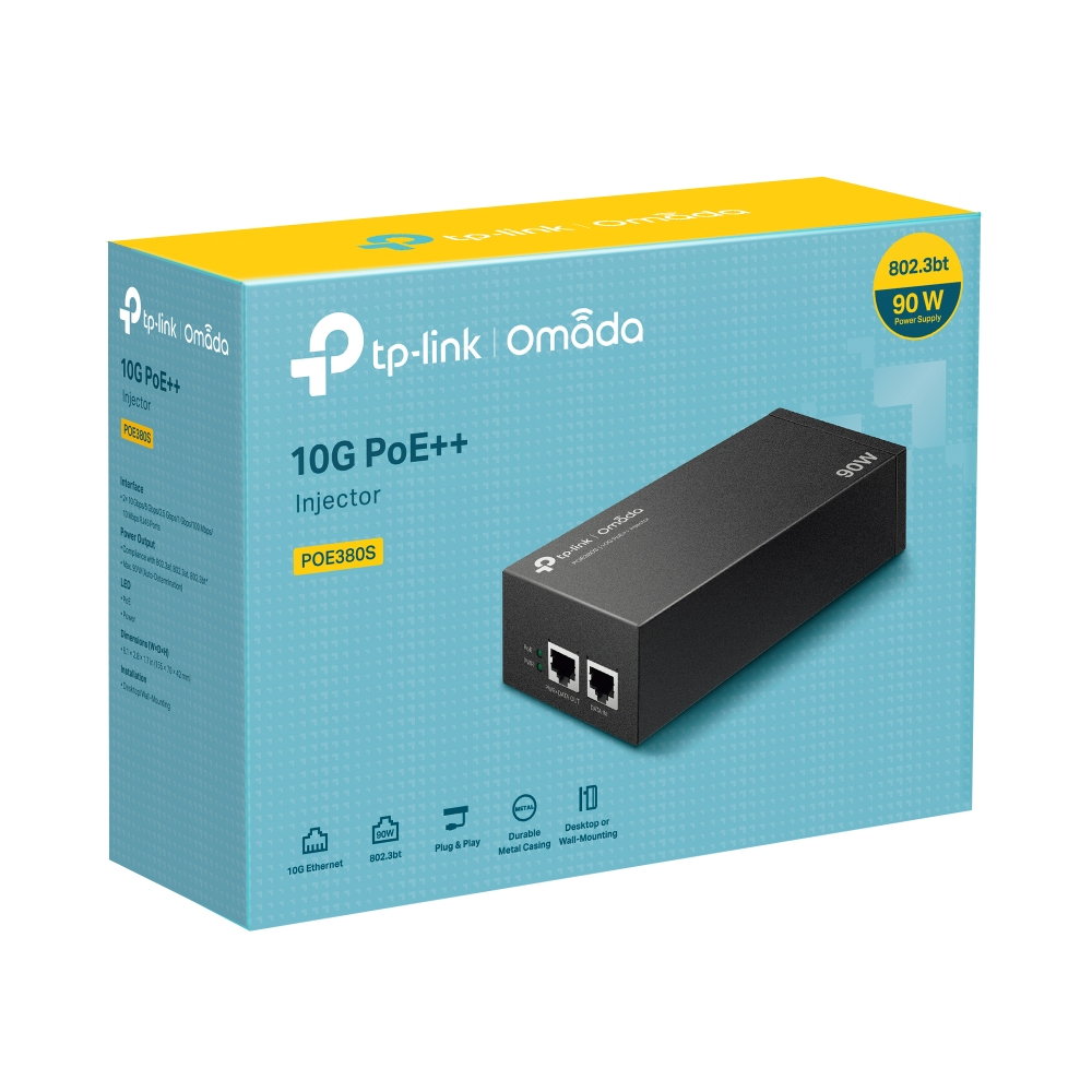 İçinde siyah bir cihaz bulunan Tp-link Omada 10G PoE++ enjektör kutusu.