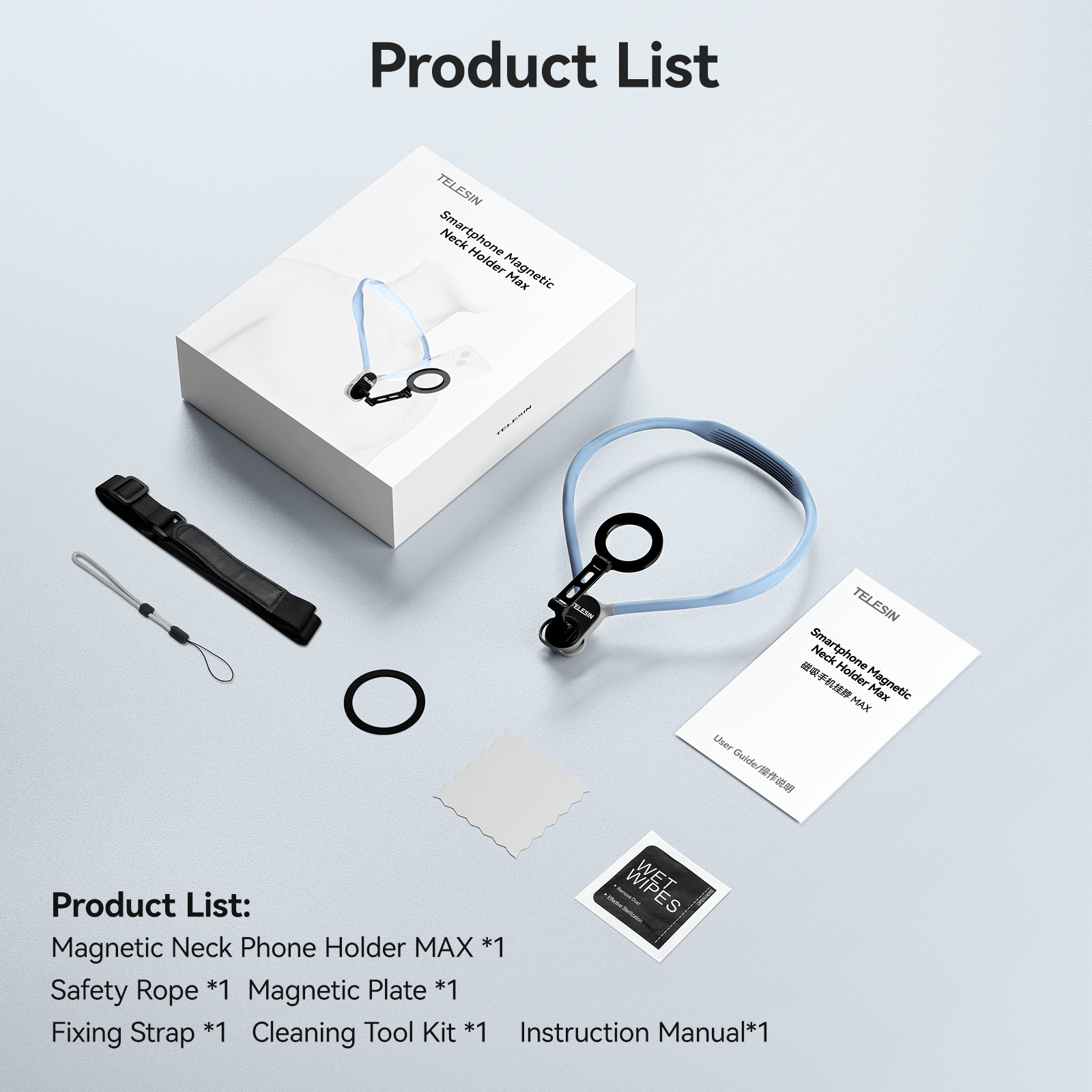 Liste de produits avec support de téléphone, sangle et accessoires, sur fond bleu.