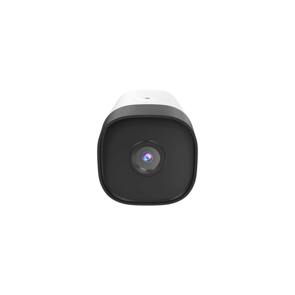 Piccola fotocamera nera con obiettivo, corpo bianco con frontale scuro e lente.