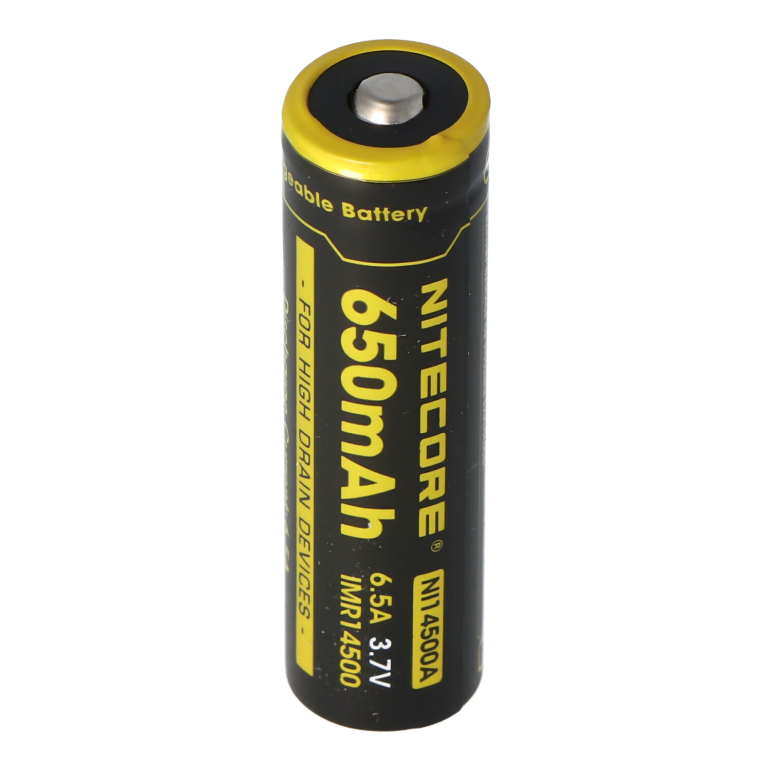 Una batteria ricaricabile Nitecore nera e gialla. È cilindrica ed è etichettata con testo.