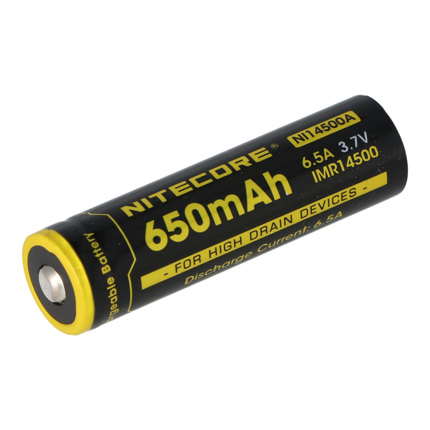 Batteria Nitecore nera e gialla, con testo che indica 650mAh e dispositivi ad alto scarico.