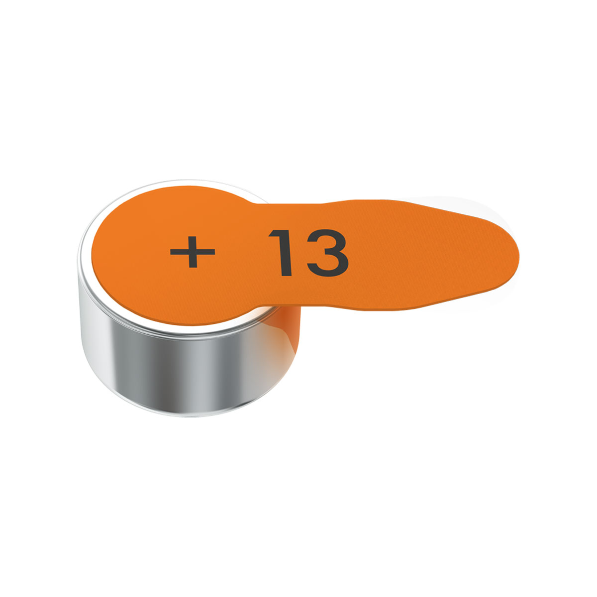 A single hearing aid battery with the number 13 and a plus sign.