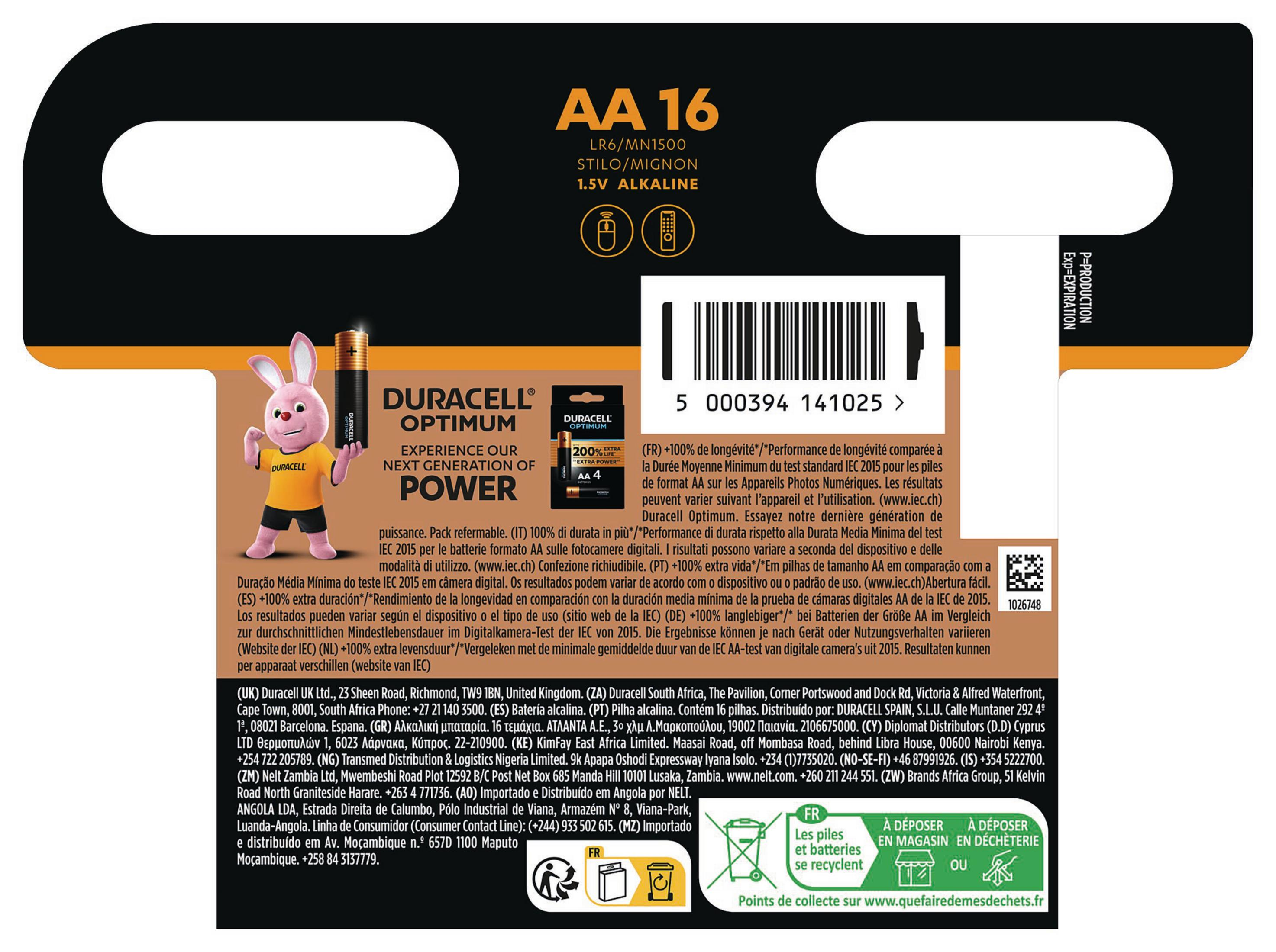 Tył opakowania baterii Duracell AA z tekstem i różowym logo królika.
