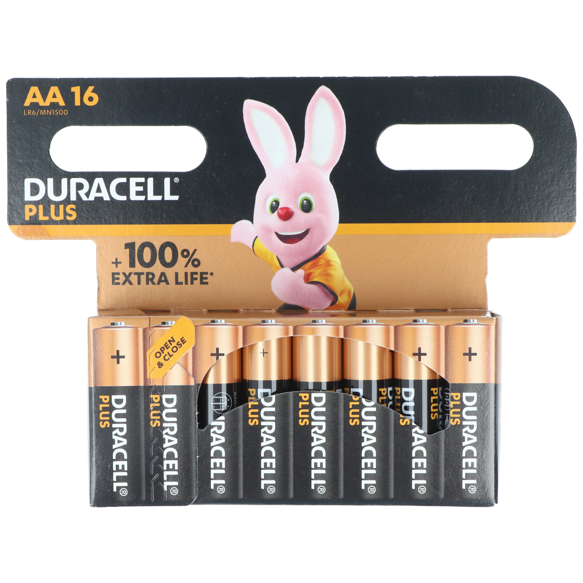 Opakowanie baterii Duracell Plus AA z różowym królikiem. Opakowanie zawiera 6 baterii.