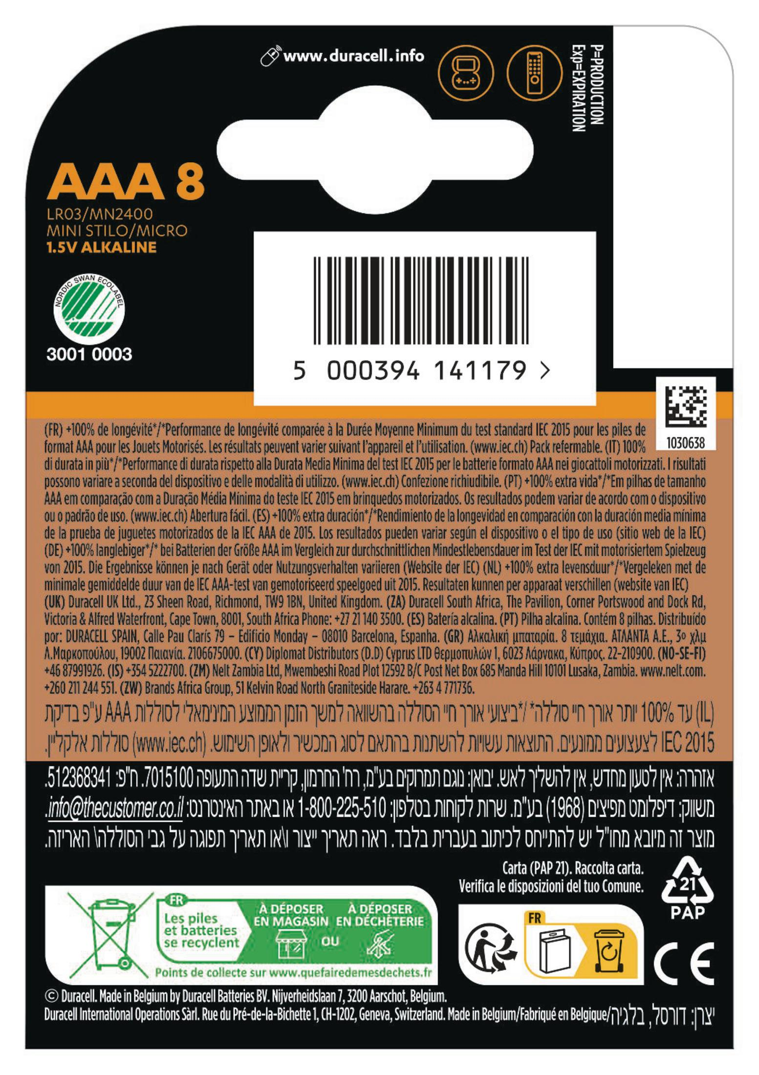 Tył opakowania baterii Duracell AAA z tekstem i symbolami recyklingu.