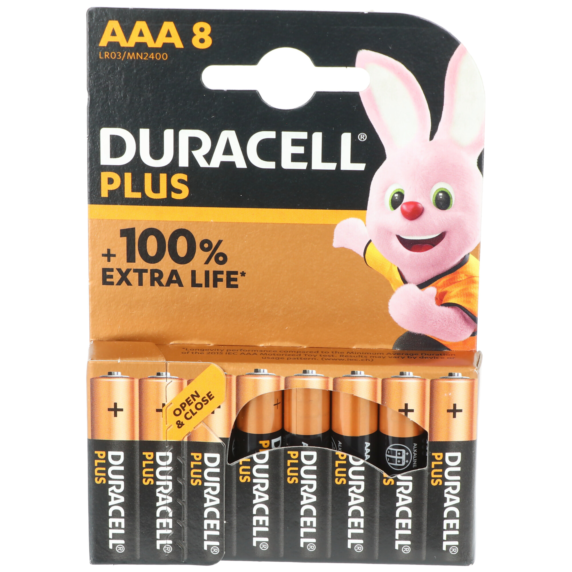Baterie Duracell AAA, opakowanie z różową maskotką królika po prawej.