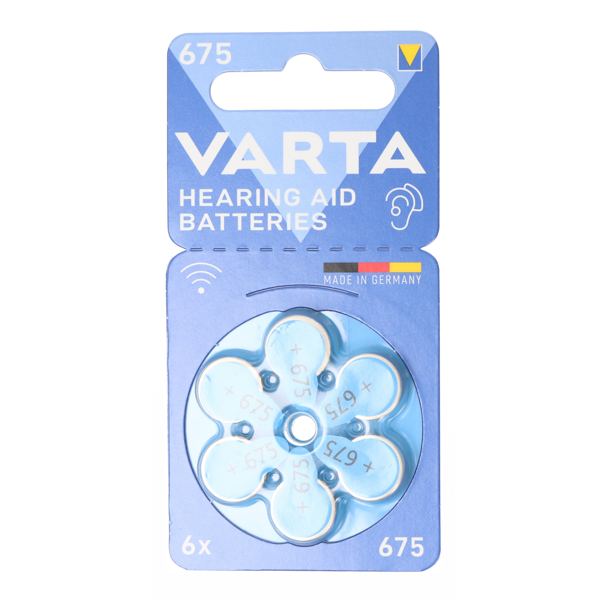 Emballage de piles pour appareils auditifs Varta, avec six piles visibles.