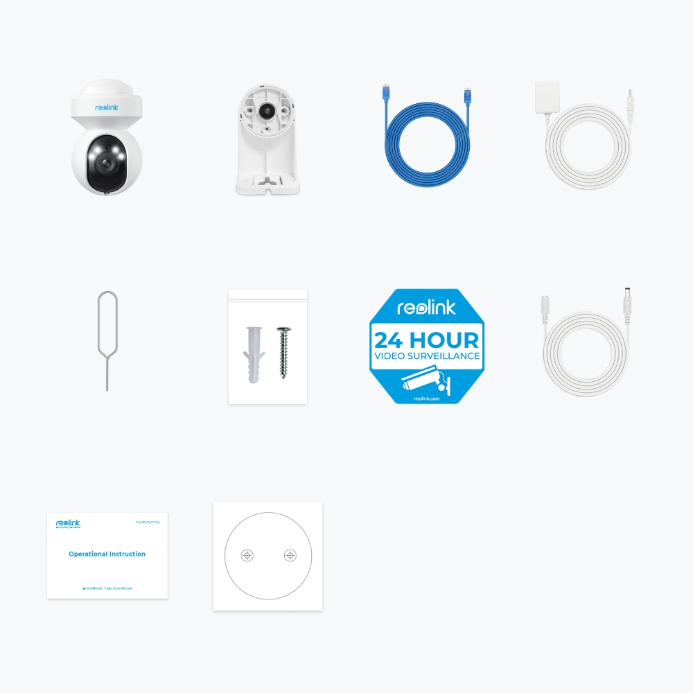 Różne komponenty kamery bezpieczeństwa. Widoczne kable, osprzęt montażowy i instrukcje.