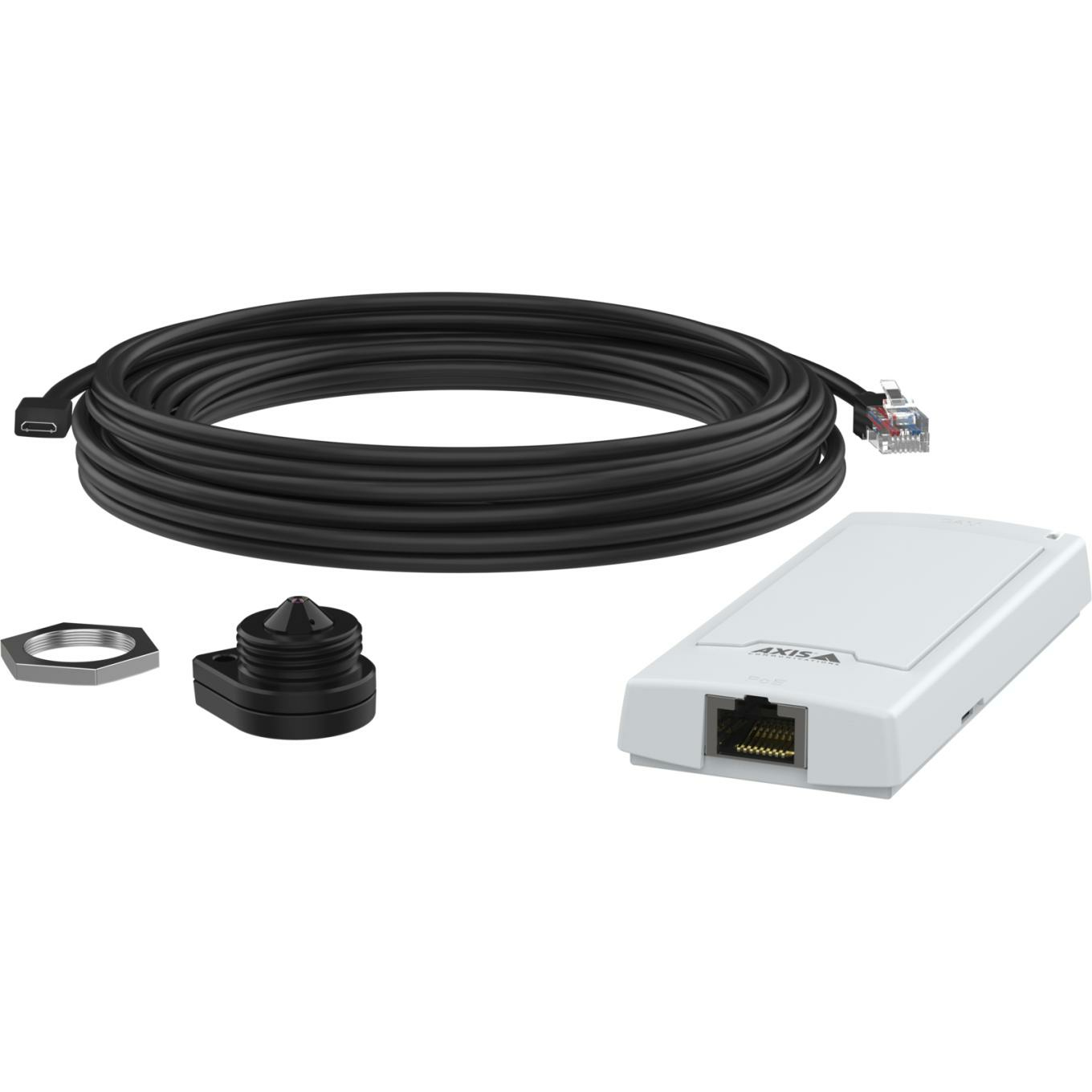 Zestaw białych urządzeń sieciowych Axis z czarnym kablem i osprzętem montażowym.